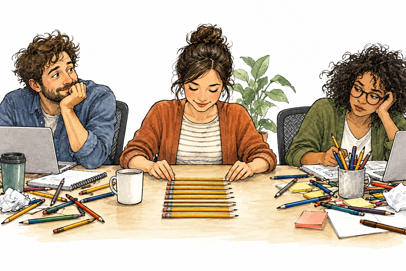 An adult habitually arranges every pencil perfectly parallel before starting work while coworkers leave theirs scattered, distinctive harmless personal routine, no words.
