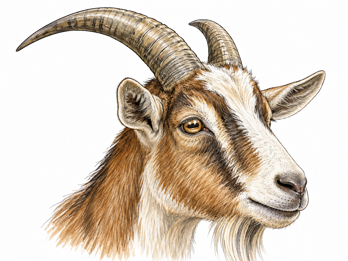 Close view of a living goat's hard pointed horn with natural texture and attachment.