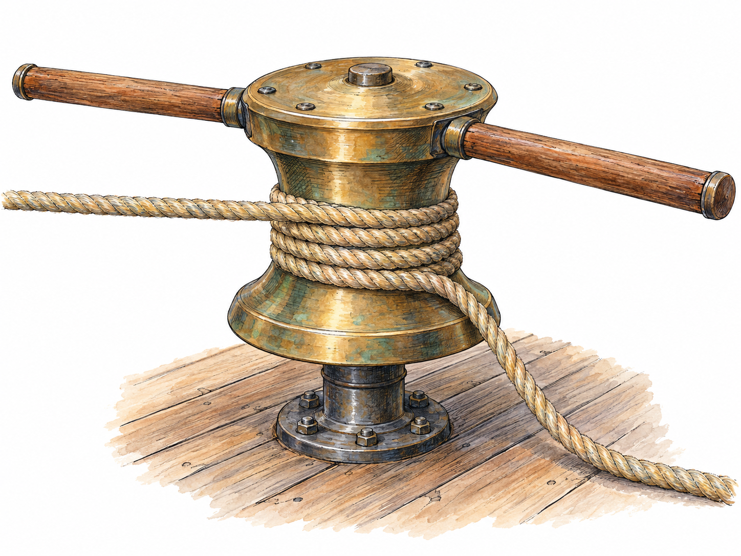 A shipboard capstan shown prominently with several tight turns of rope around its upright drum, a taut incoming rope and a loose outgoing tail, making its rope-winding mechanism clear.