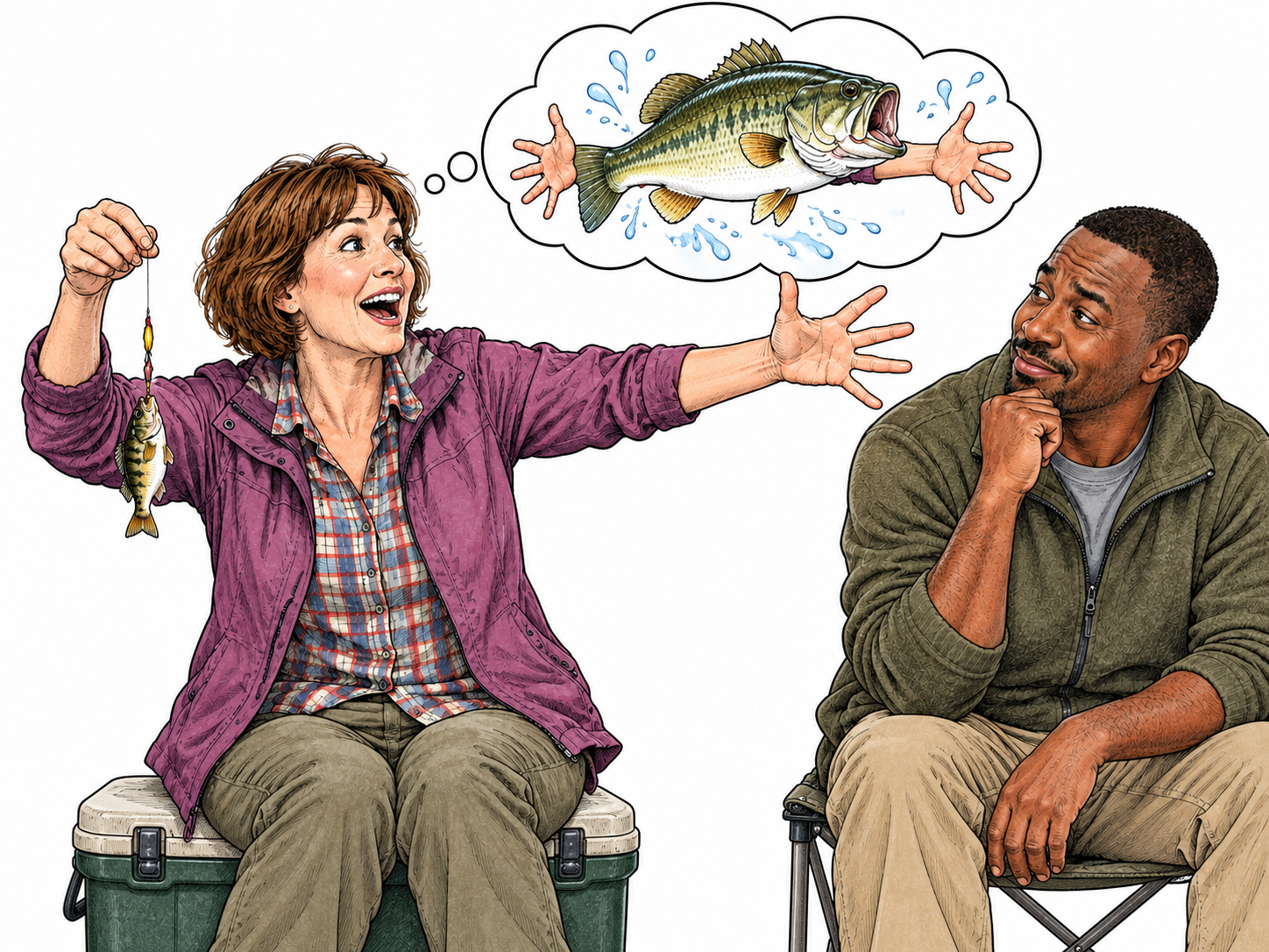 A boastful adult stretches their hands to exaggerate the size of a caught fish in a thought bubble while the small actual catch is visible; no written dialogue.