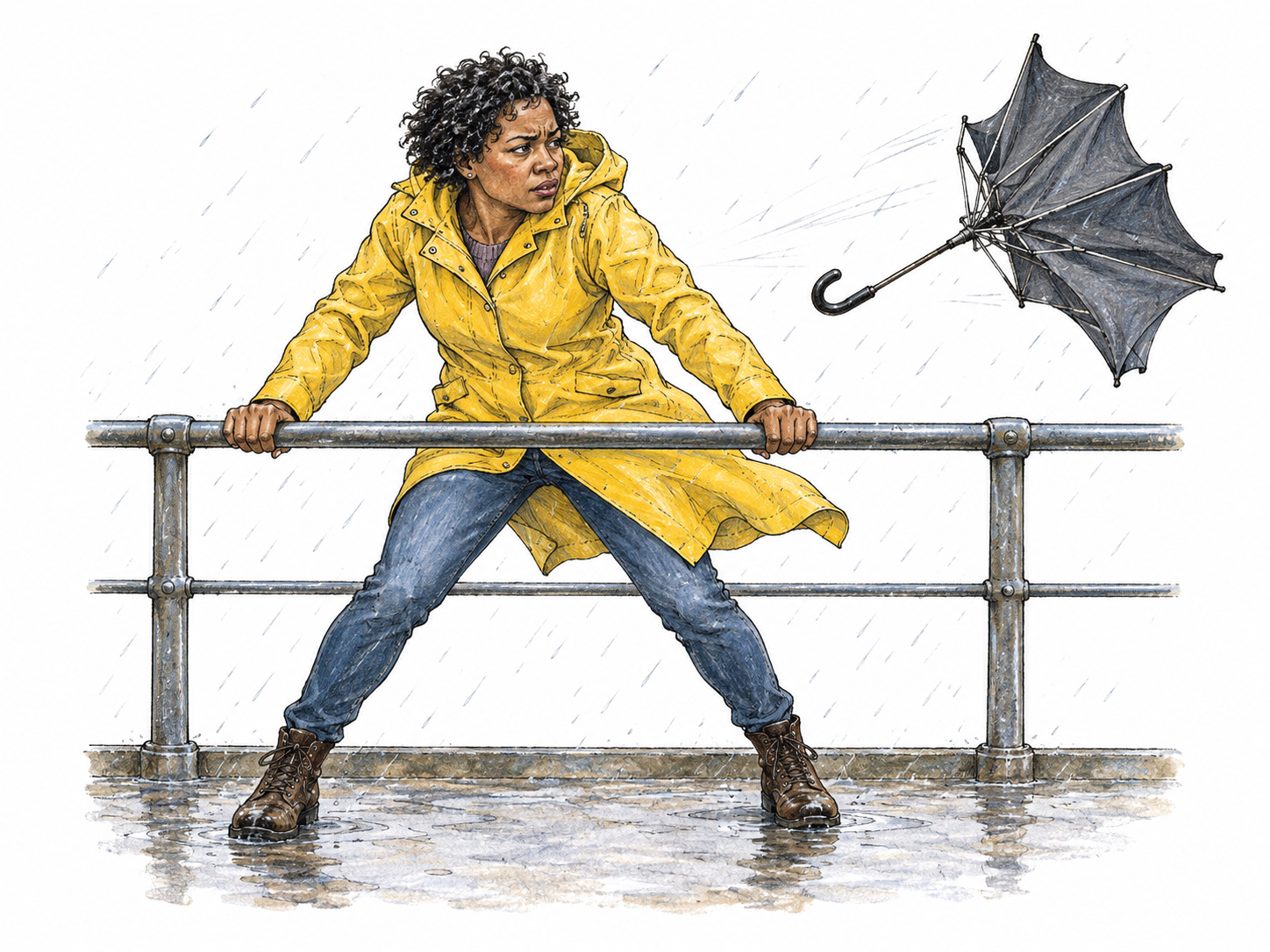 Woman braces with feet wide and both hands gripping solid railing as approaching strong gust turns umbrella inside out nearby; tense prepared posture, sparse rain cues.