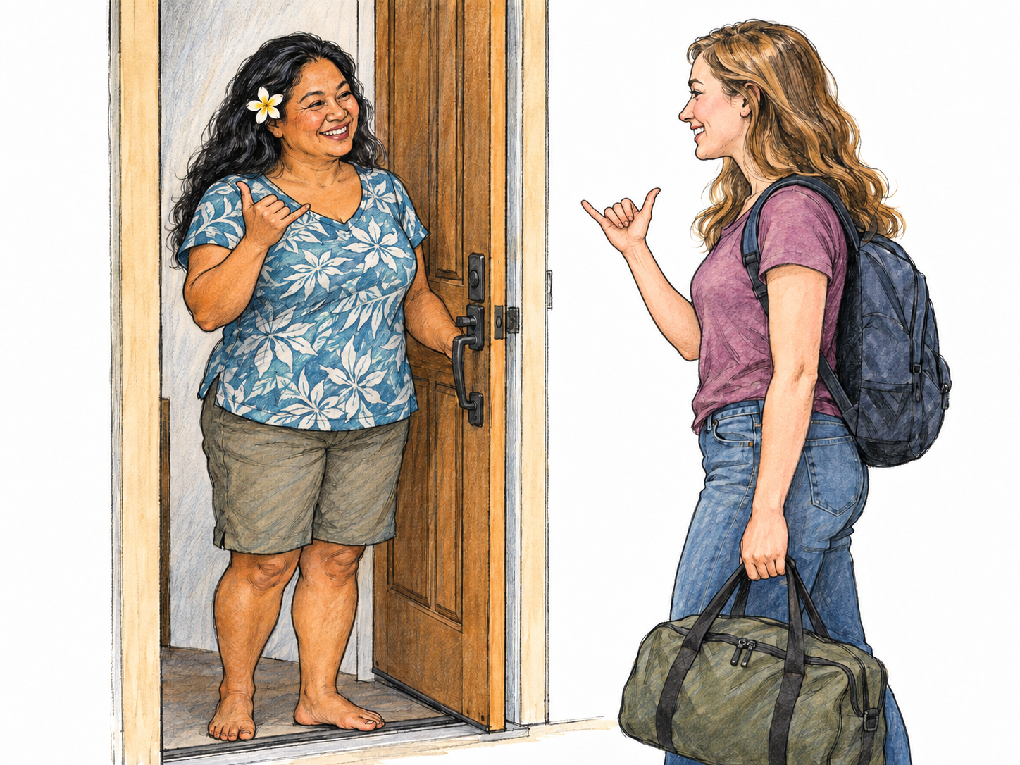 A contemporary Hawaiian host welcomes an arriving visitor at an open doorway, raising a hand and saying “Aloha!” The visitor smiles and returns the greeting, with a small travel bag indicating arrival.