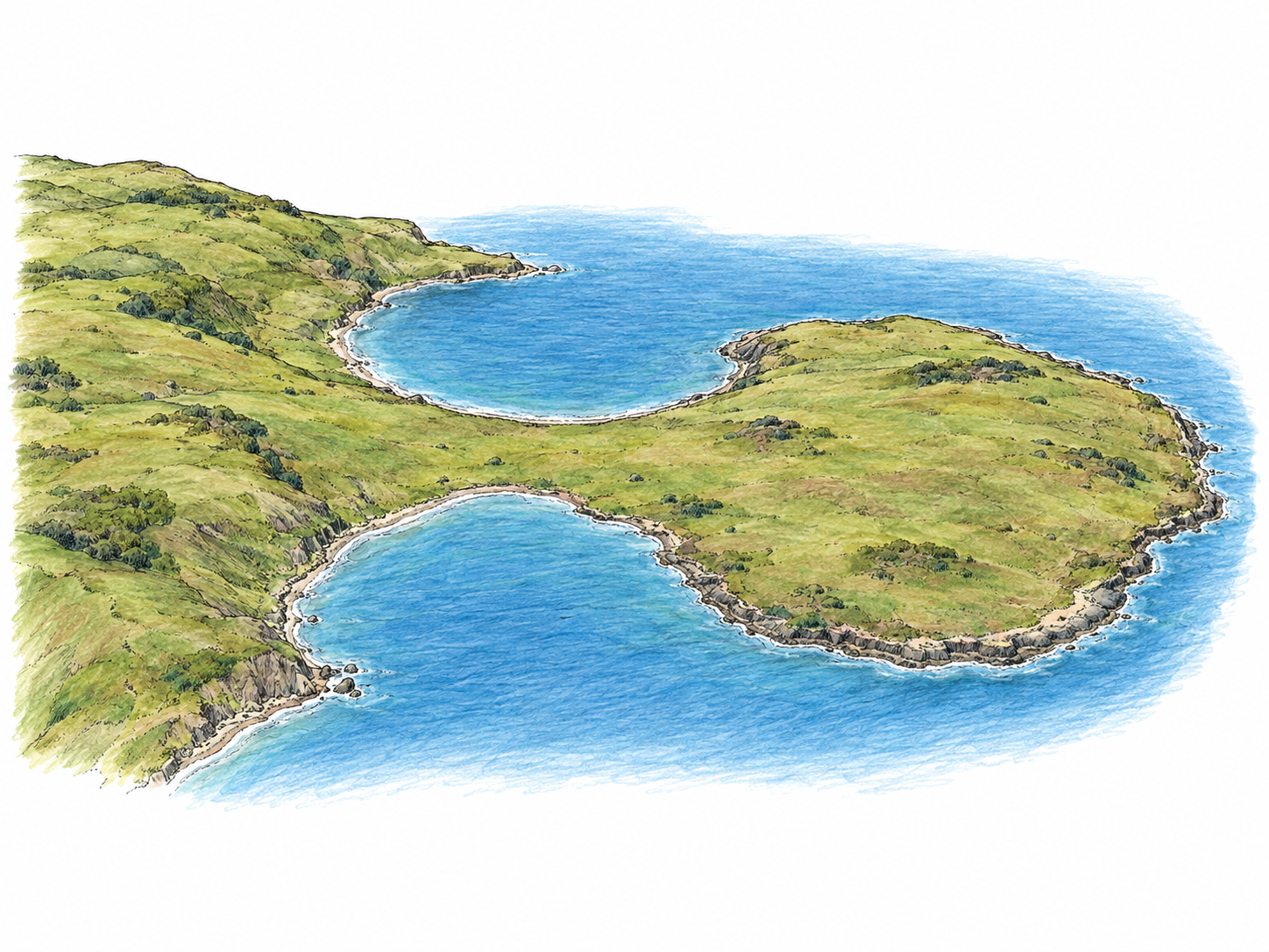 An elevated view of a broad, rounded tongue of land surrounded by water on three sides, with an unmistakable continuous neck joining it to a larger mainland.