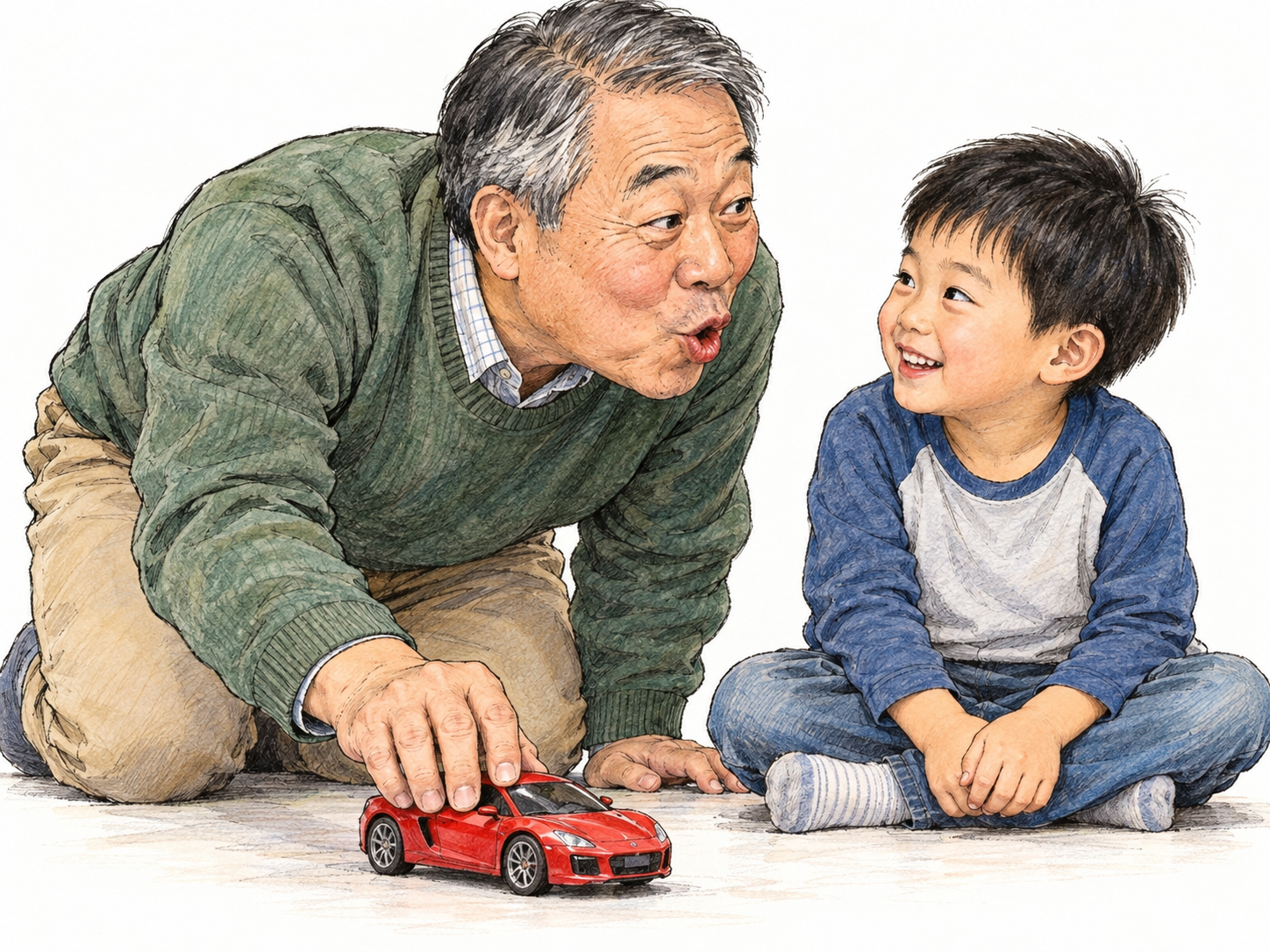 A grandfather makes an exaggerated engine noise with his mouth while accelerating a small toy sports car across the floor for his grandson.