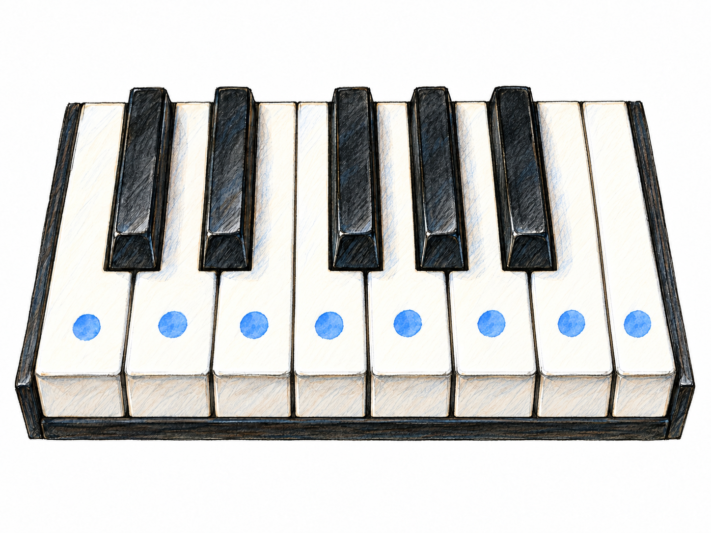 A close, slightly elevated view of a piano keyboard spanning C to the next C, with the eight consecutive white keys subtly marked to indicate the notes of a C-major scale; the five black keys remain unmarked.