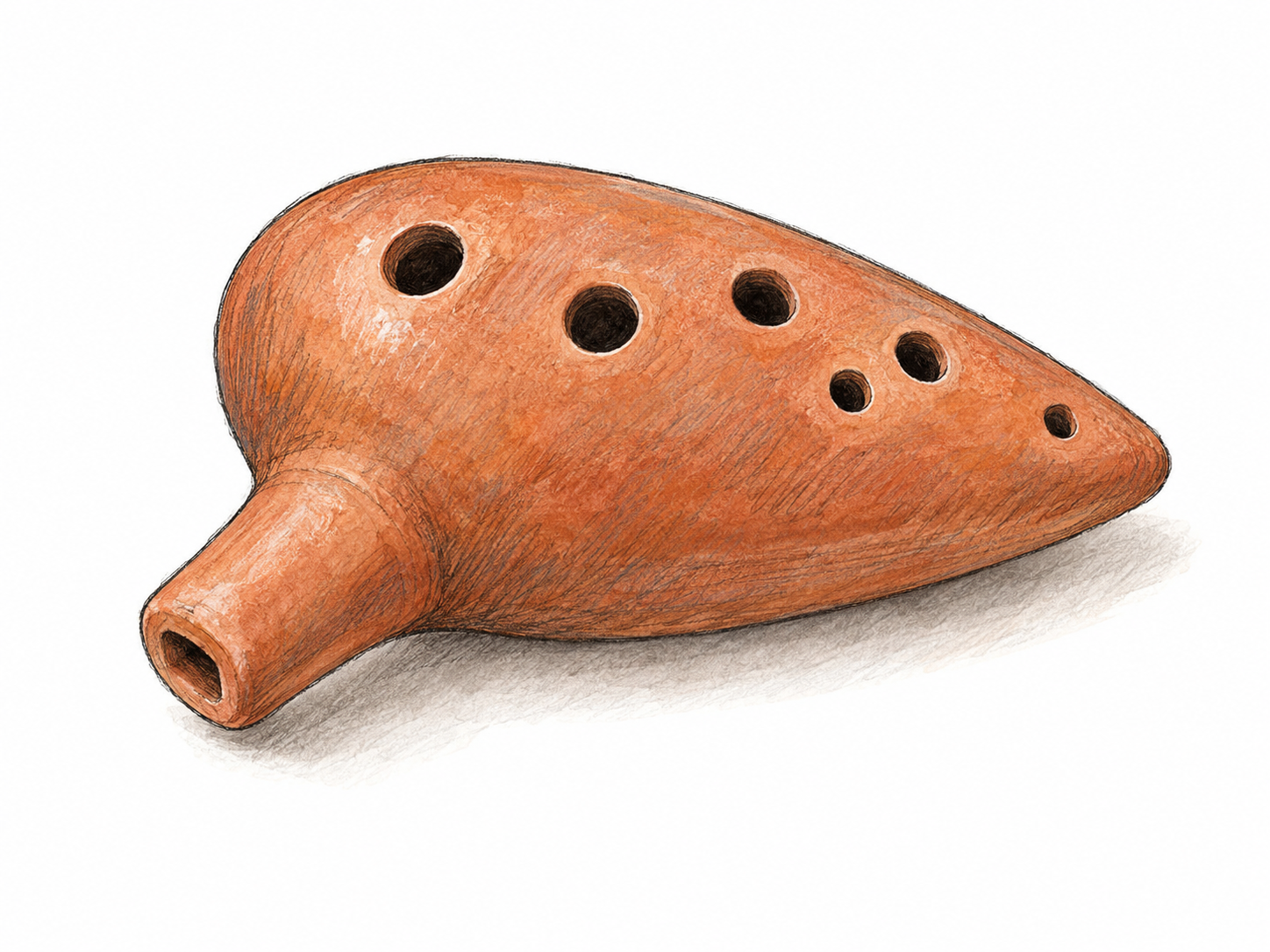 A single small ceramic ocarina in three-quarter view, clearly showing its rounded hollow body, projecting mouthpiece and finger holes.