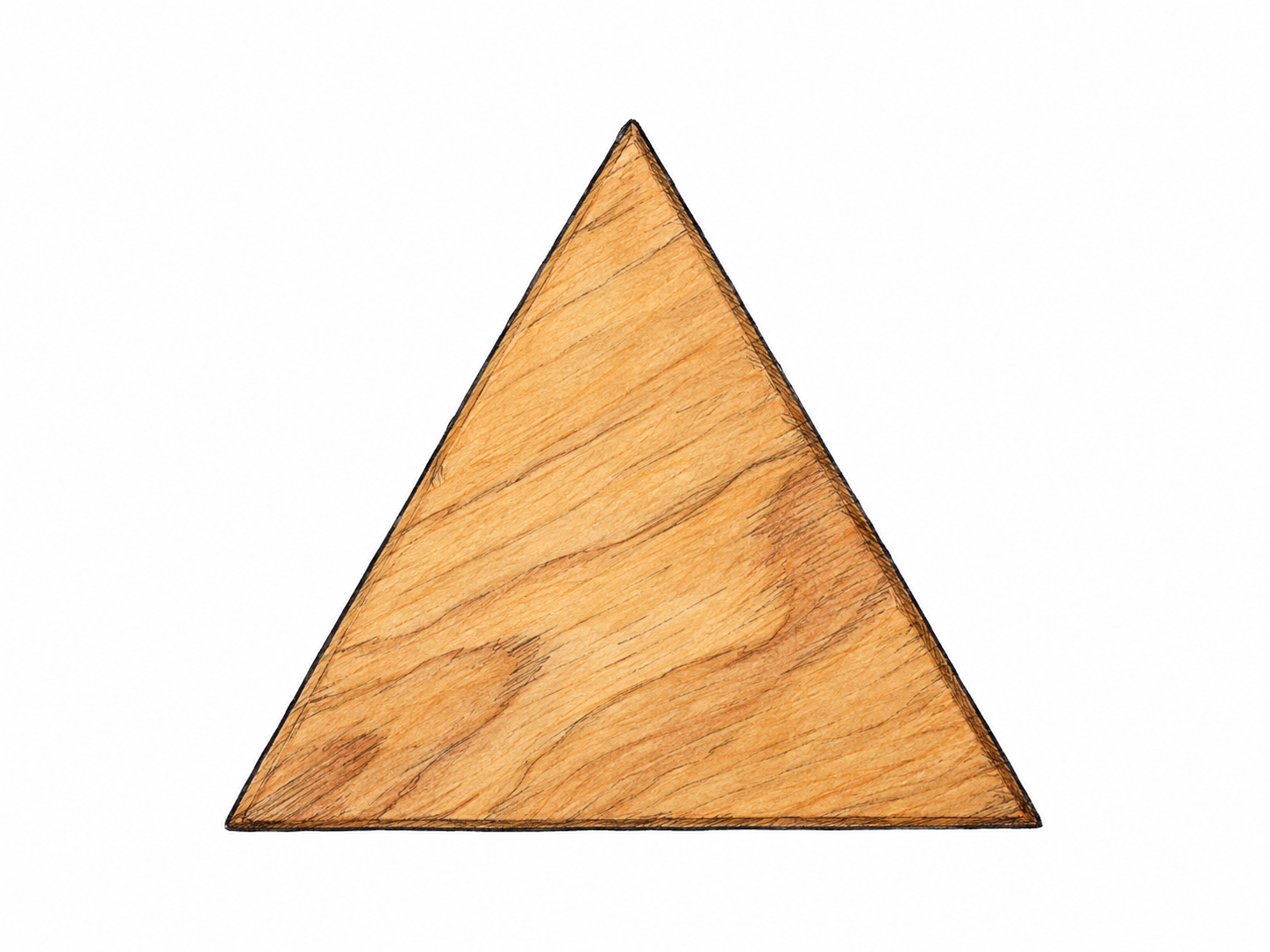 A single flat triangular wooden tile, viewed straight from above so its three straight sides and three sharp corners are immediately visible.