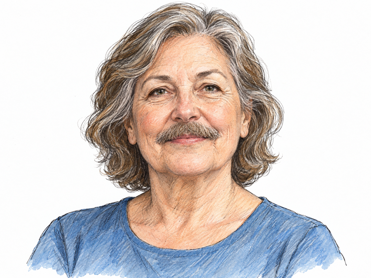 A simple shoulders-up portrait of an older white woman with a conspicuous natural mustache, clearly showing the prominent hair above her upper lip.