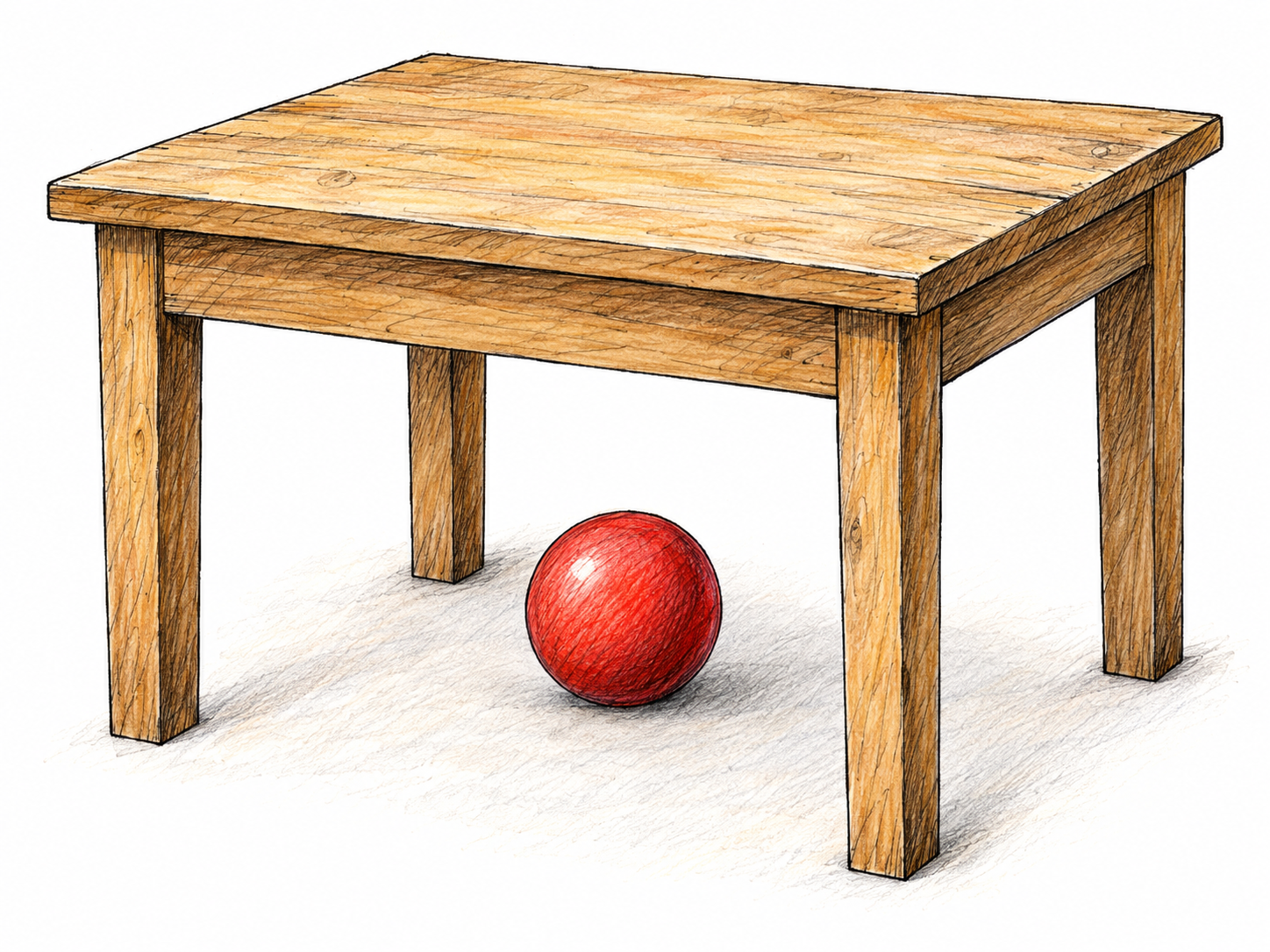A red ball rests directly under a simple wooden table, clearly below its tabletop and between its legs.