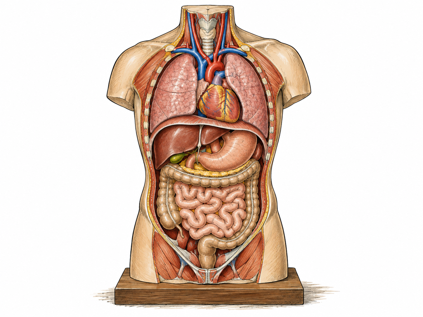 Anatomical torso model displaying heart lungs and digestive organs accurately.