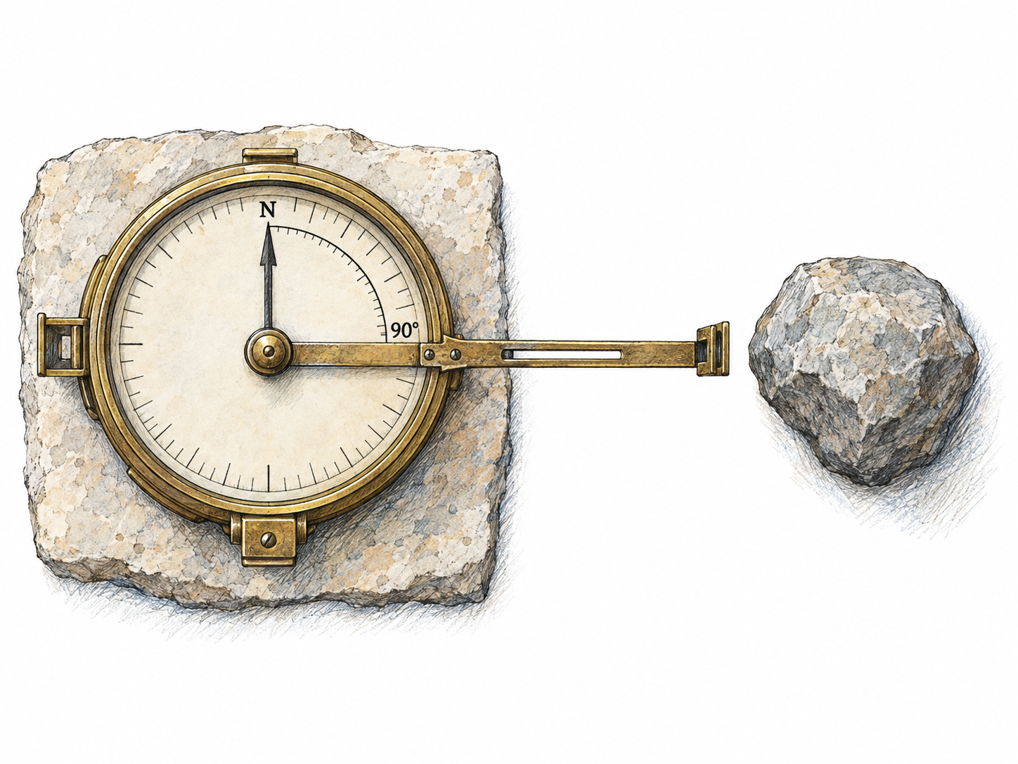 A directly overhead view of a real surveying compass shows the horizontal bearing of a nearby boulder as a precisely measured quarter-turn clockwise from north.