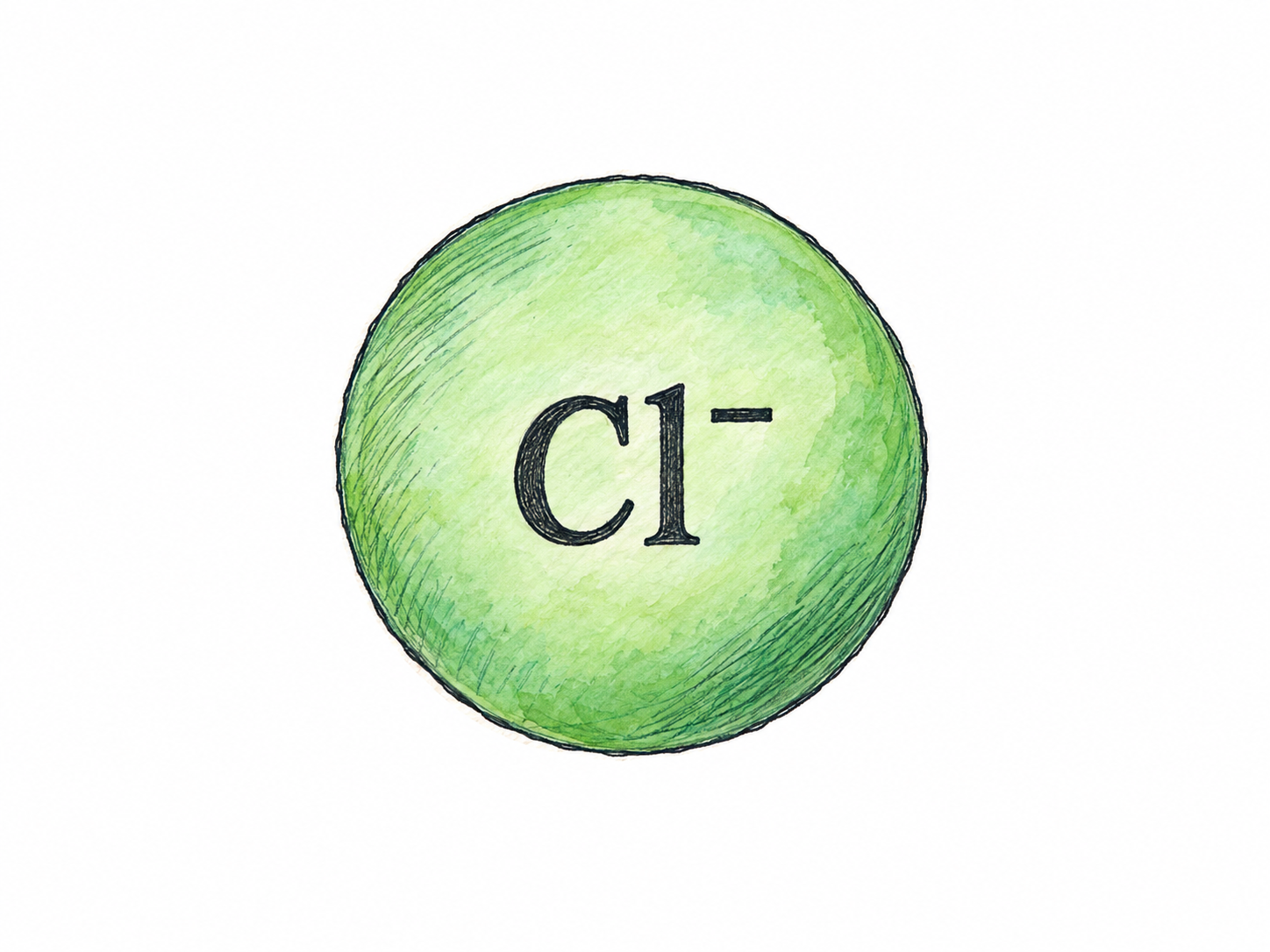 One isolated chloride ion represented by a clearly schematic, softly colored particle bearing the chemical notation Cl⁻.