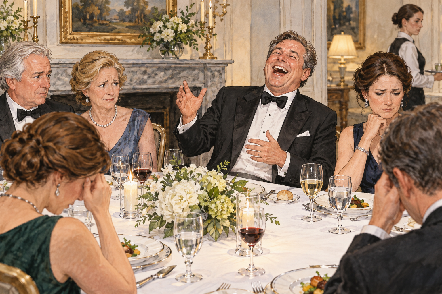 At a formal quiet dinner, a guest makes an ill-timed loud joke while others look embarrassed and uncomfortable, no speech text.