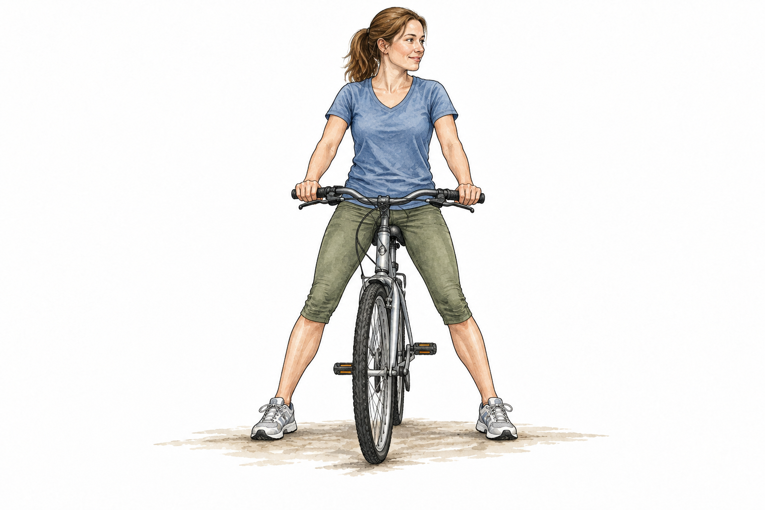 White woman straddles a stationary bicycle, both feet on ground opposite sides.