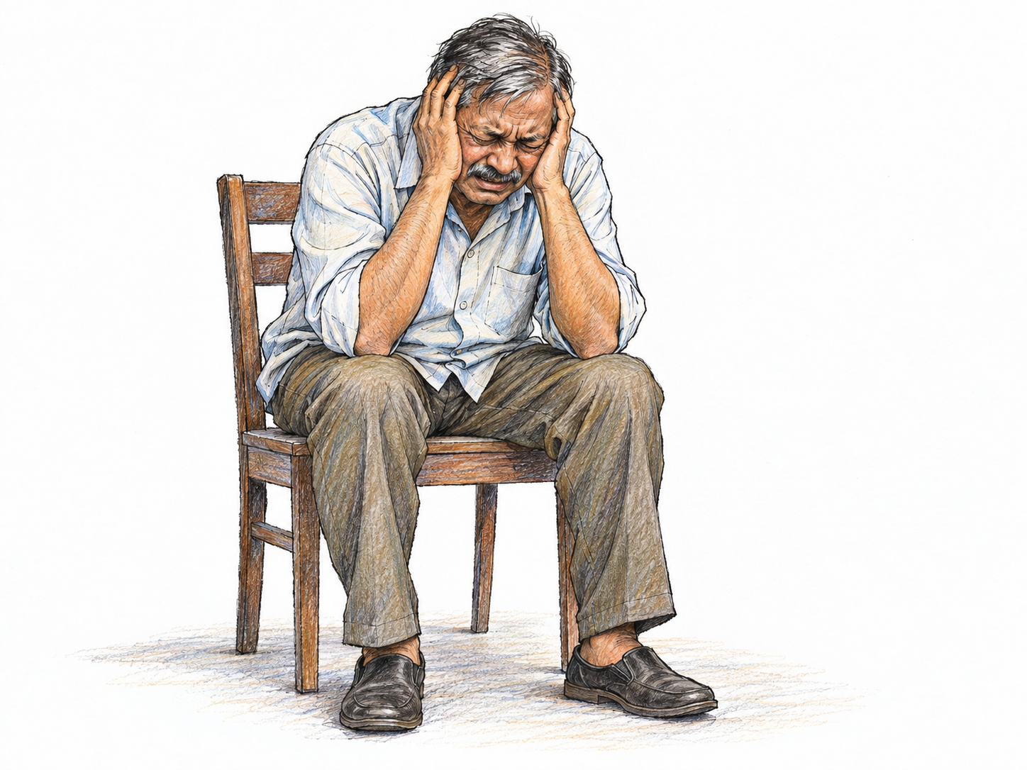 An older man sits hunched forward on a plain chair, clutching his head with both hands, his tightly shut eyes and strained expression conveying severe mental suffering.