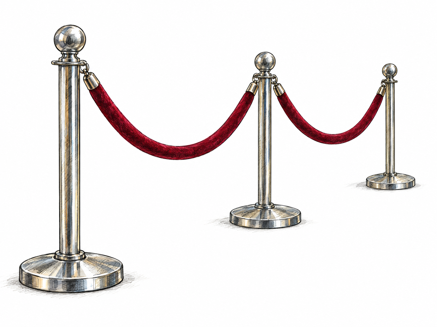 Three freestanding crowd-control stanchions linked by velvet ropes, with one upright post prominent in the foreground so its shaft, rope attachments, and weighted base are immediately recognizable.
