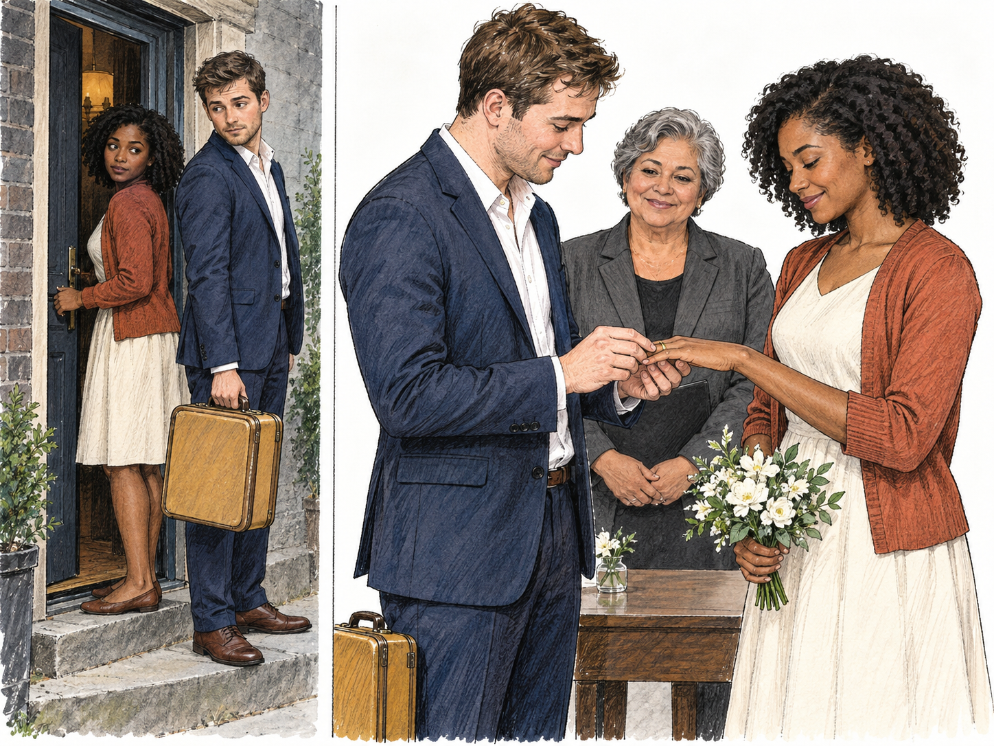 A compact two-scene sequence shows the same adult couple slipping quietly away from home with luggage and then exchanging a wedding ring before an officiant.