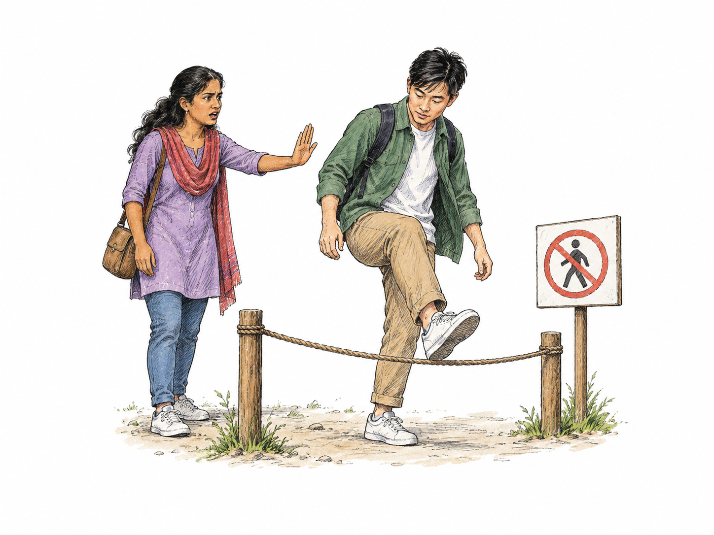 Person steps over a low cord boundary despite companion's clear stop gesture, small crossed-out walking pictogram establishes command, no danger or destruction.