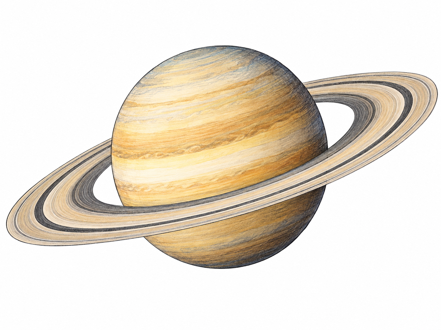 Saturn shown with its broad, clearly separated ring system encircling the planet, making the ringed quality immediately visible.