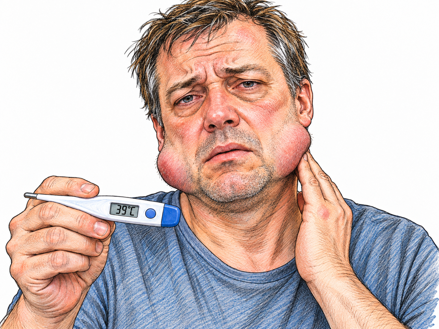 A feverish middle-aged man with prominent bilateral swelling below and in front of his ears, extending around the jaw angles, holds a thermometer showing a fever.