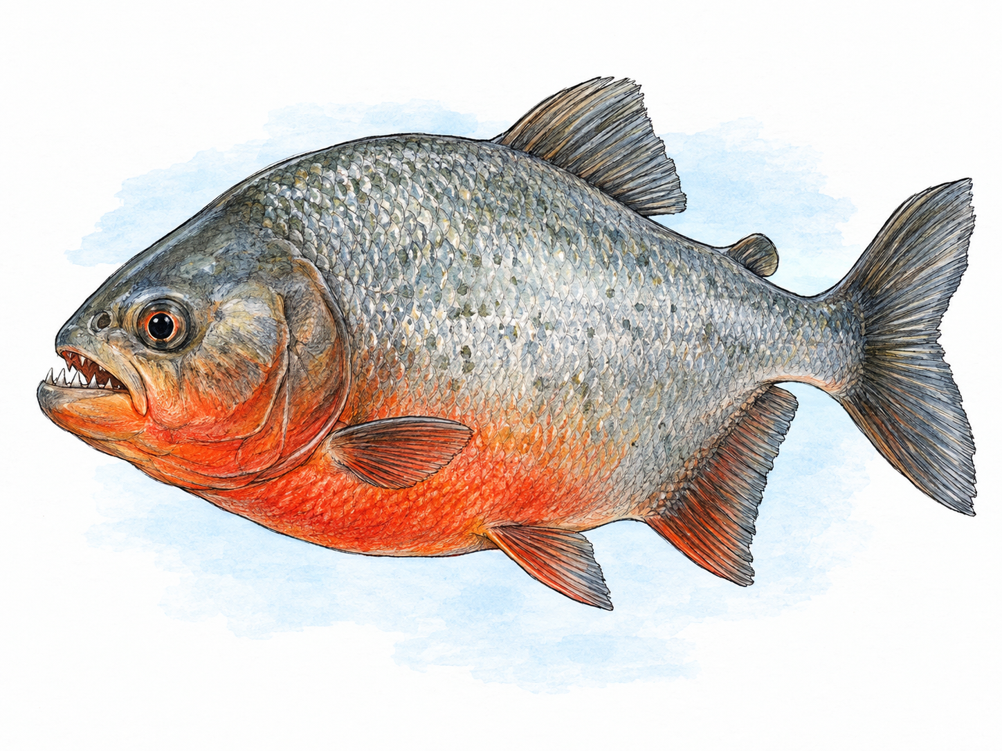 A single realistically proportioned red-bellied piranha in side view, with its mouth slightly open to reveal small interlocking triangular teeth.