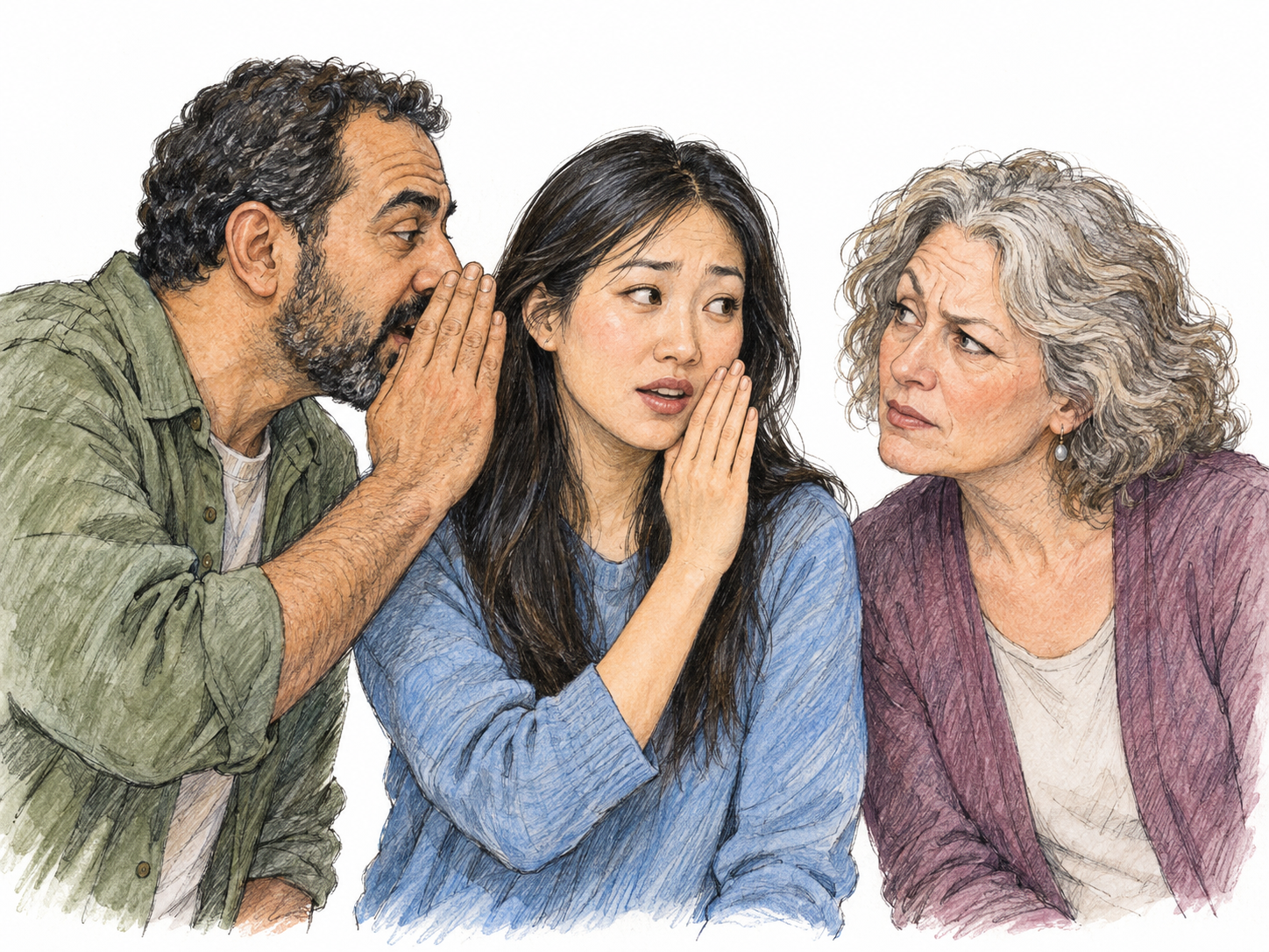 A small chain of whispered conversation: a man quietly passes a report to a woman, who turns toward another listener with a doubtful expression, suggesting information circulating without confirmation.