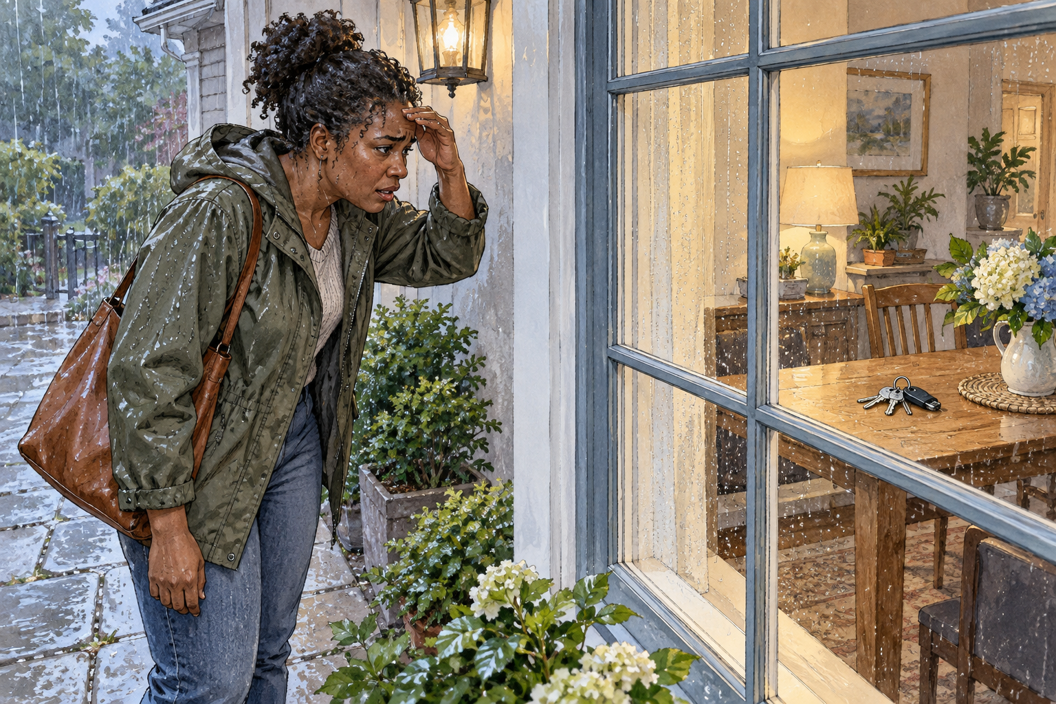 An adult is locked outside in rain with keys visibly on a table behind a closed window, awkward predicament.