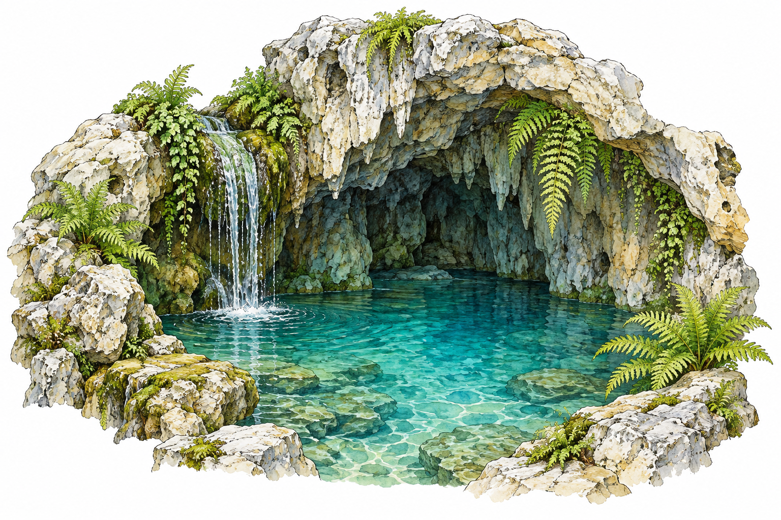 Small peaceful limestone grotto with turquoise pool, shaded rocky alcove and ferns.