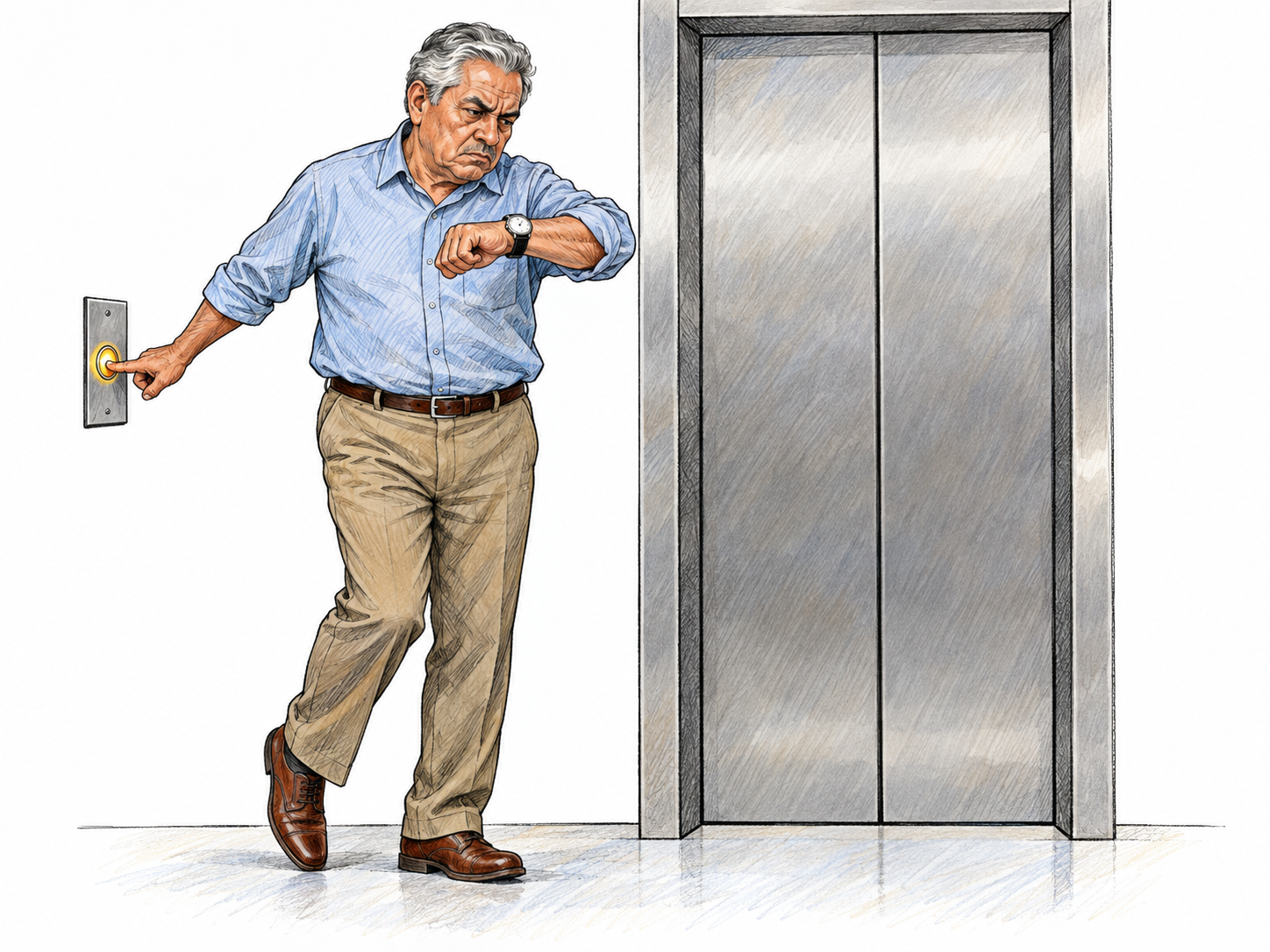 An older man waits impatiently for a closed elevator, checking his wristwatch while pressing the already illuminated call button, with a tense frown and restless stance.