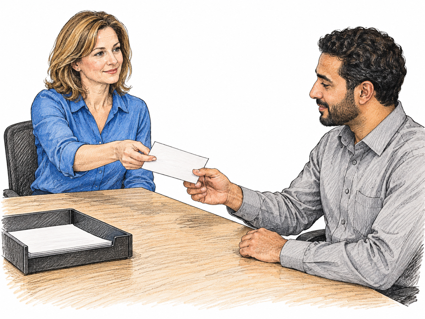 One office colleague passes a short written business note to another across a small desk with a plain document tray; the note is viewed from its blank back, paper and business exchange central, no readable text.