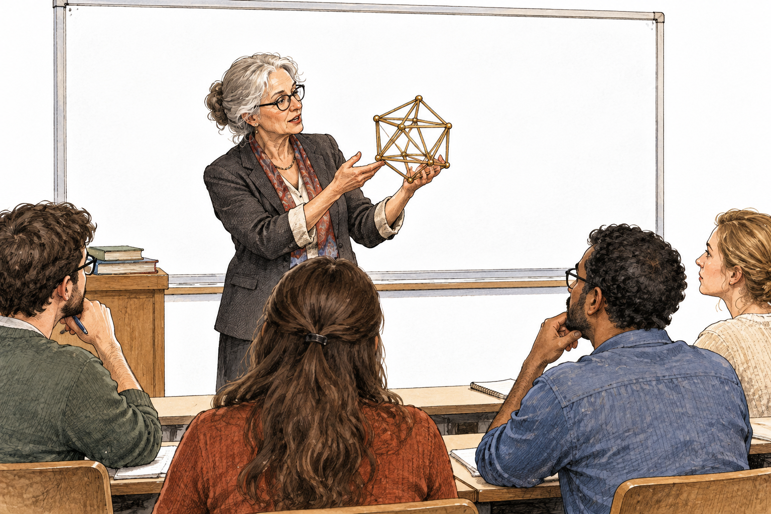An older woman university professor explains a geometric model to adult students in a lecture room, blank board, no text.