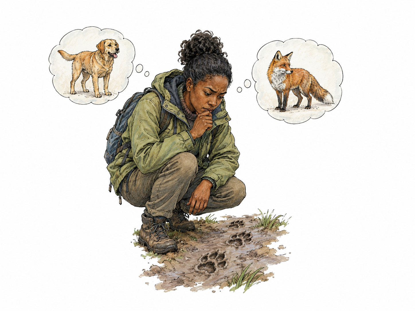 Person studies ambiguous animal footprints in mud while two faint thought bubbles show possible dog or fox, reasoning with uncertain information, no words.