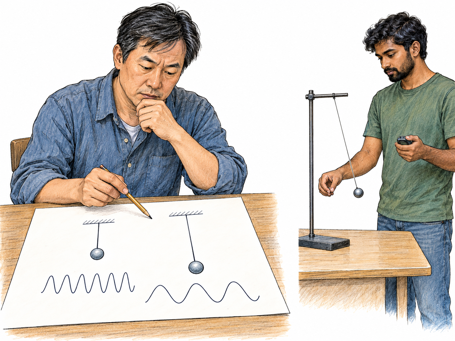 Contrast reasoning about an ideal pendulum's motion with physically testing a real pendulum.