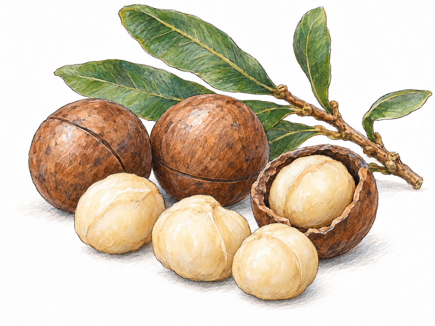 A simple botanical still life of macadamia nuts: round ivory edible kernels beside hard brown shells, with one split shell revealing its kernel and a short leafy twig providing plant context.