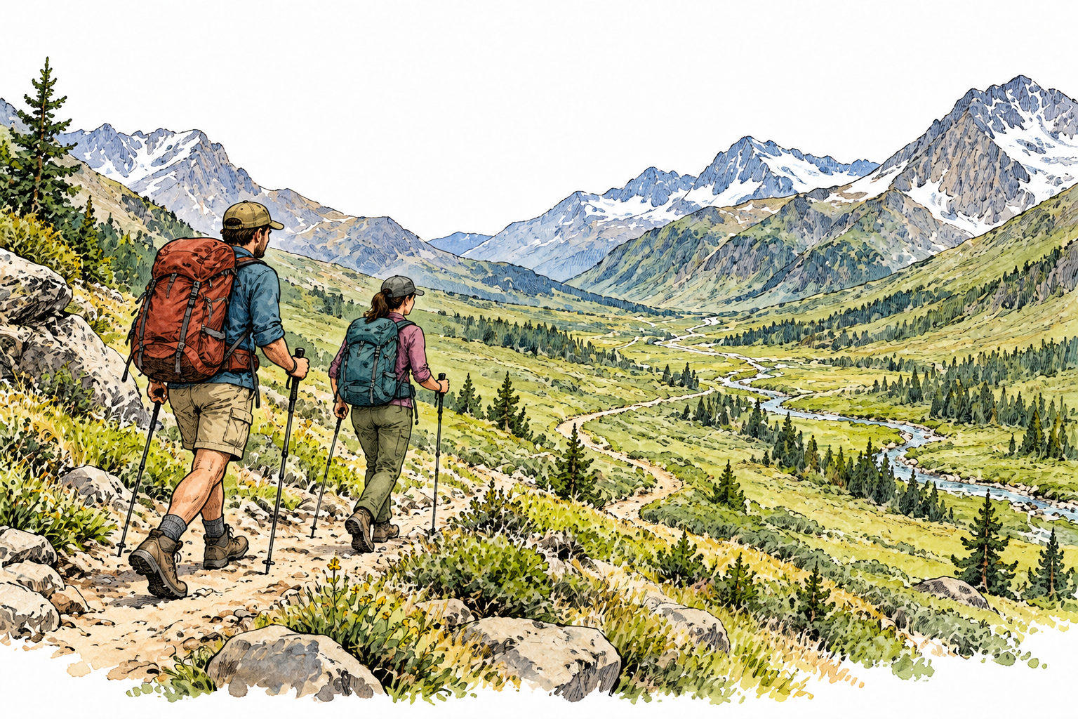Two hikers travel across broad mountain valley along visible winding trail, movement through terrain, modern practical gear, no writing.
