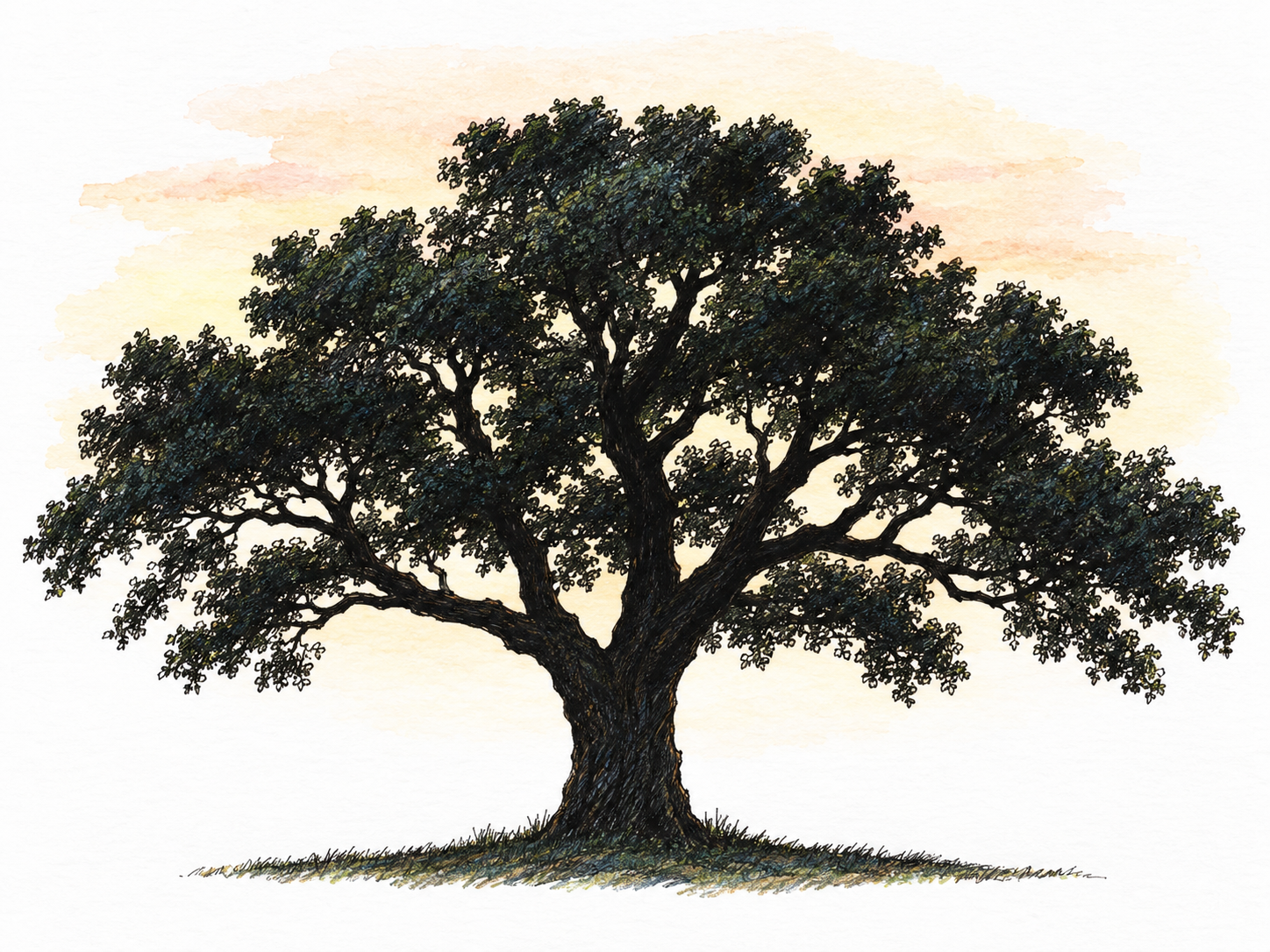 A single nearly black tree silhouette stands against a pale, luminous sky: its trunk, branches and crown are immediately recognizable by their outer contour, with virtually no visible interior detail.