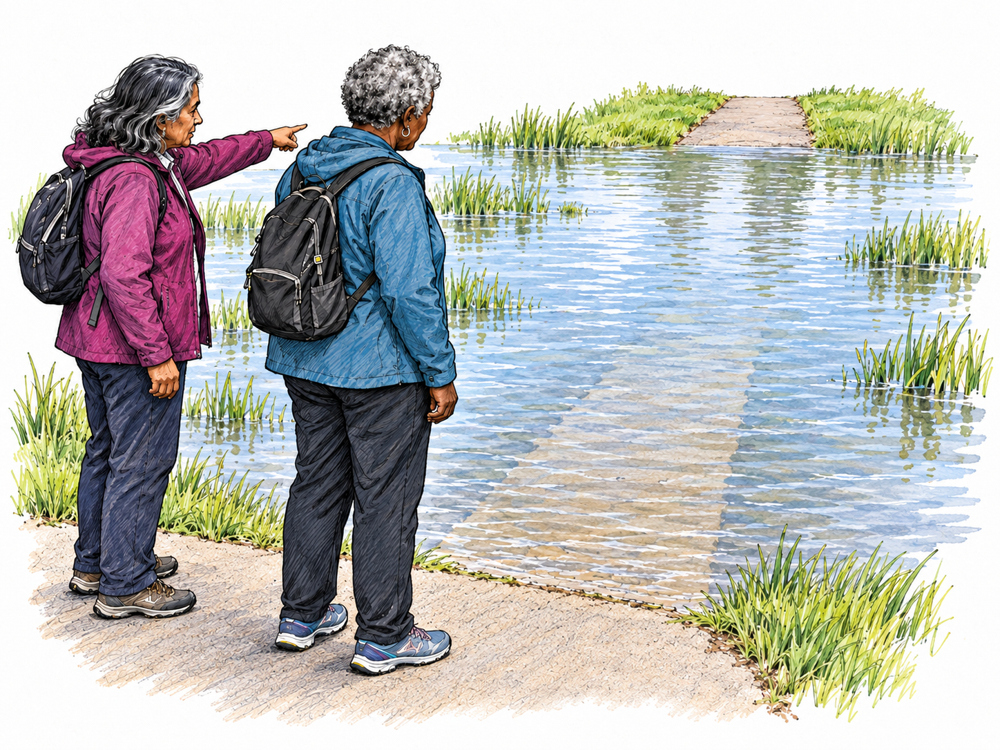 A flooded footpath prevents two walkers from continuing: the waterlogged route is a visible condition affecting their outing.