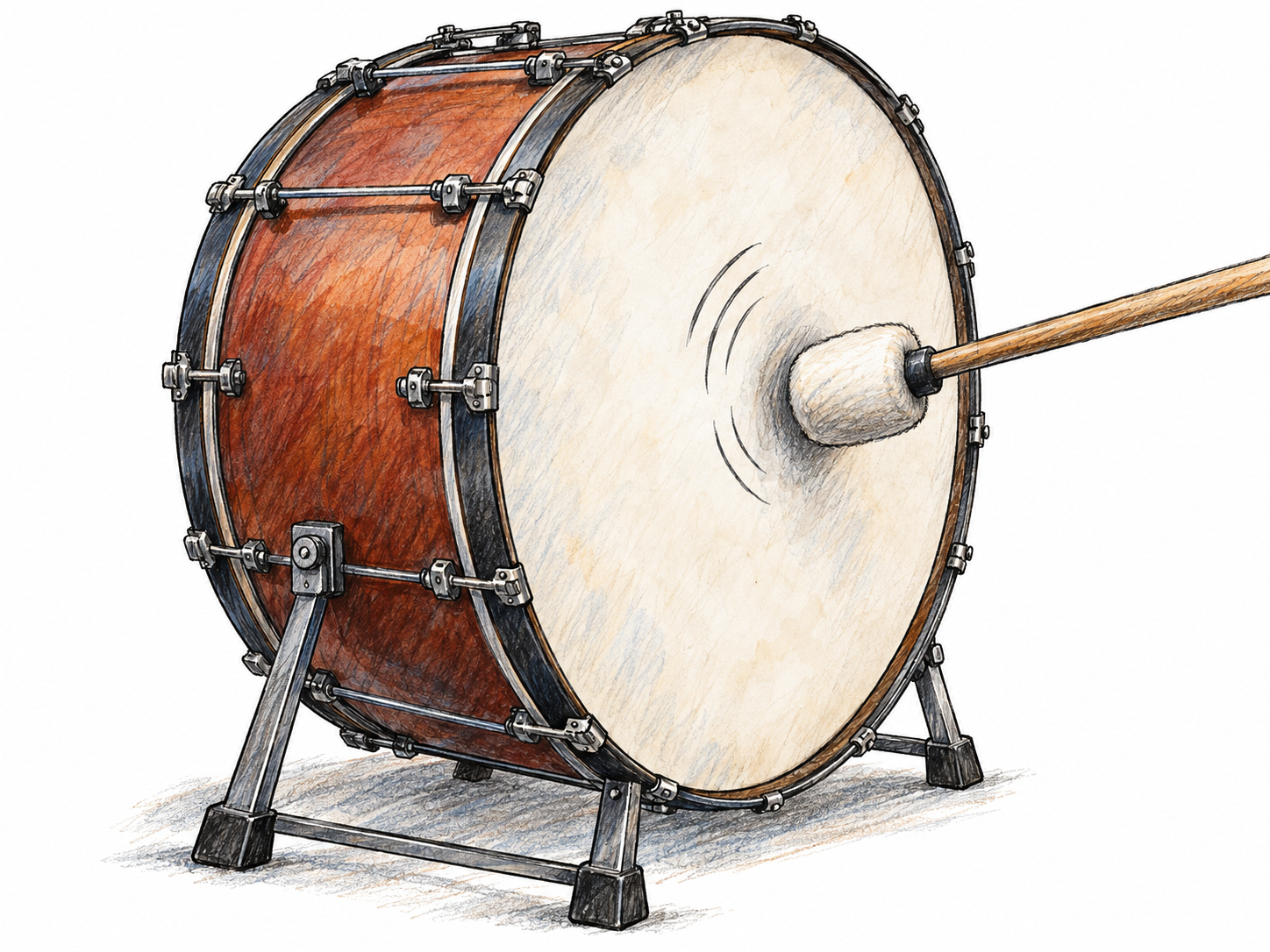 A large bass drum at the instant a padded mallet strikes its drumhead, illustrating the loud, deep sound sense of “boom.” Show only the instrument and mallet, with a few subtle drawn vibration marks.
