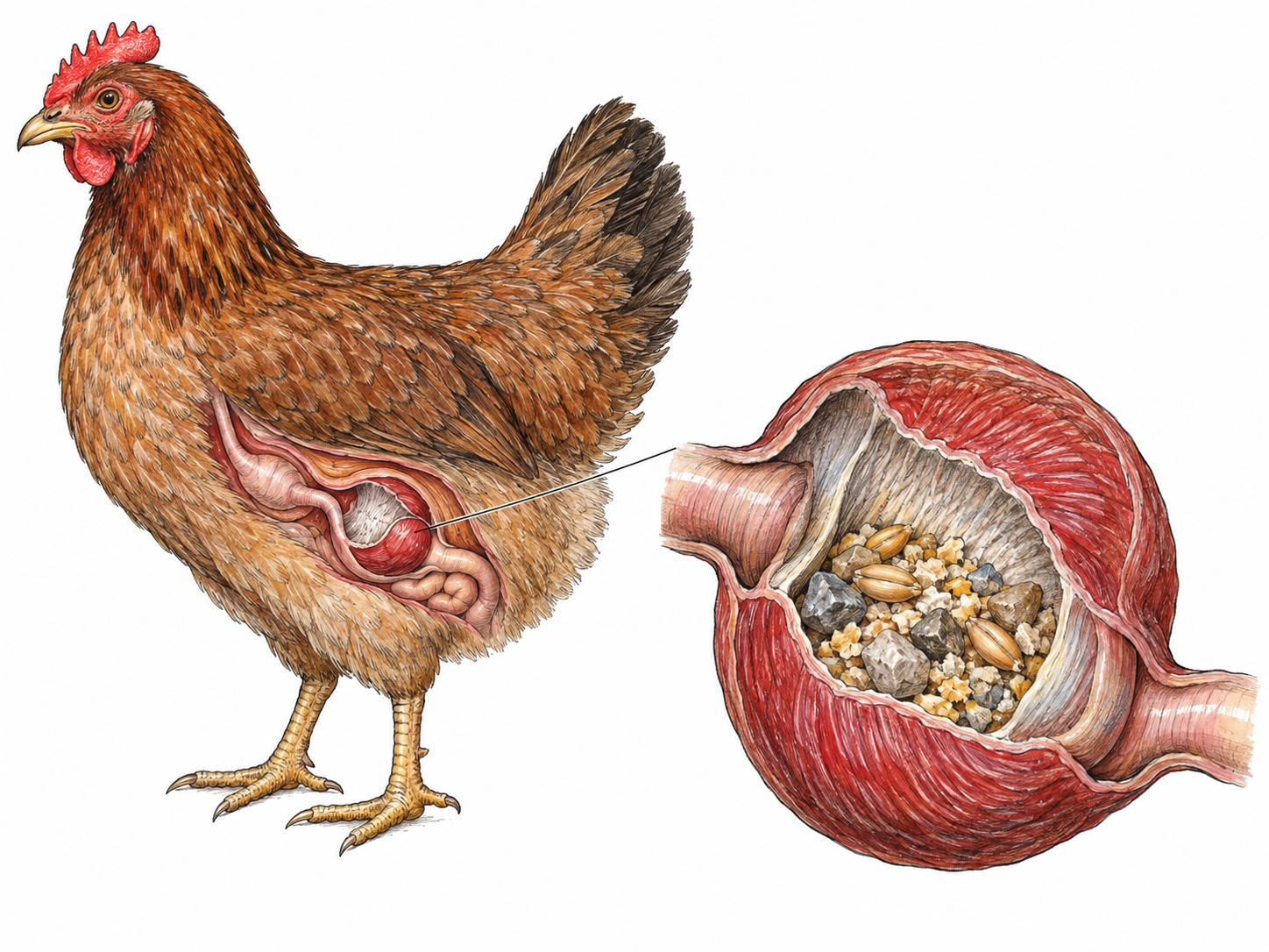 A hen in side view with a localized anatomical cutaway and one enlarged detail of its gizzard, showing thick muscular walls enclosing grit and partly crushed grain.