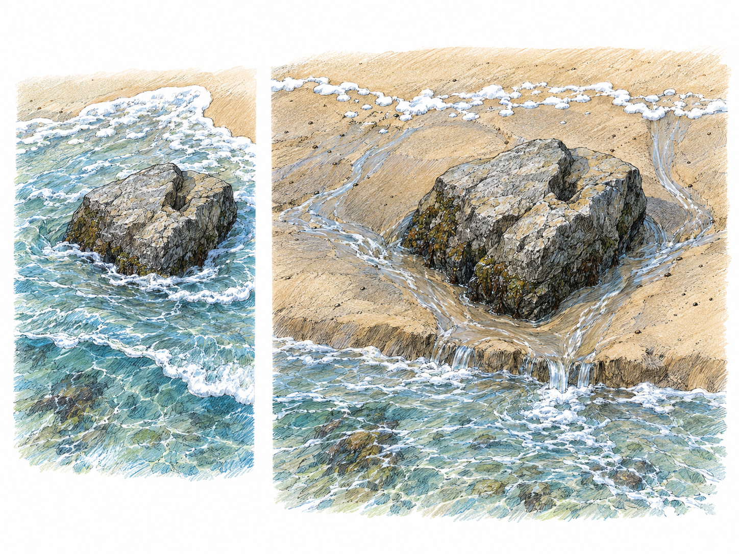 A compact two-stage shoreline sequence shows a wave washing up around a fixed rock, then the same water draining back toward the sea.