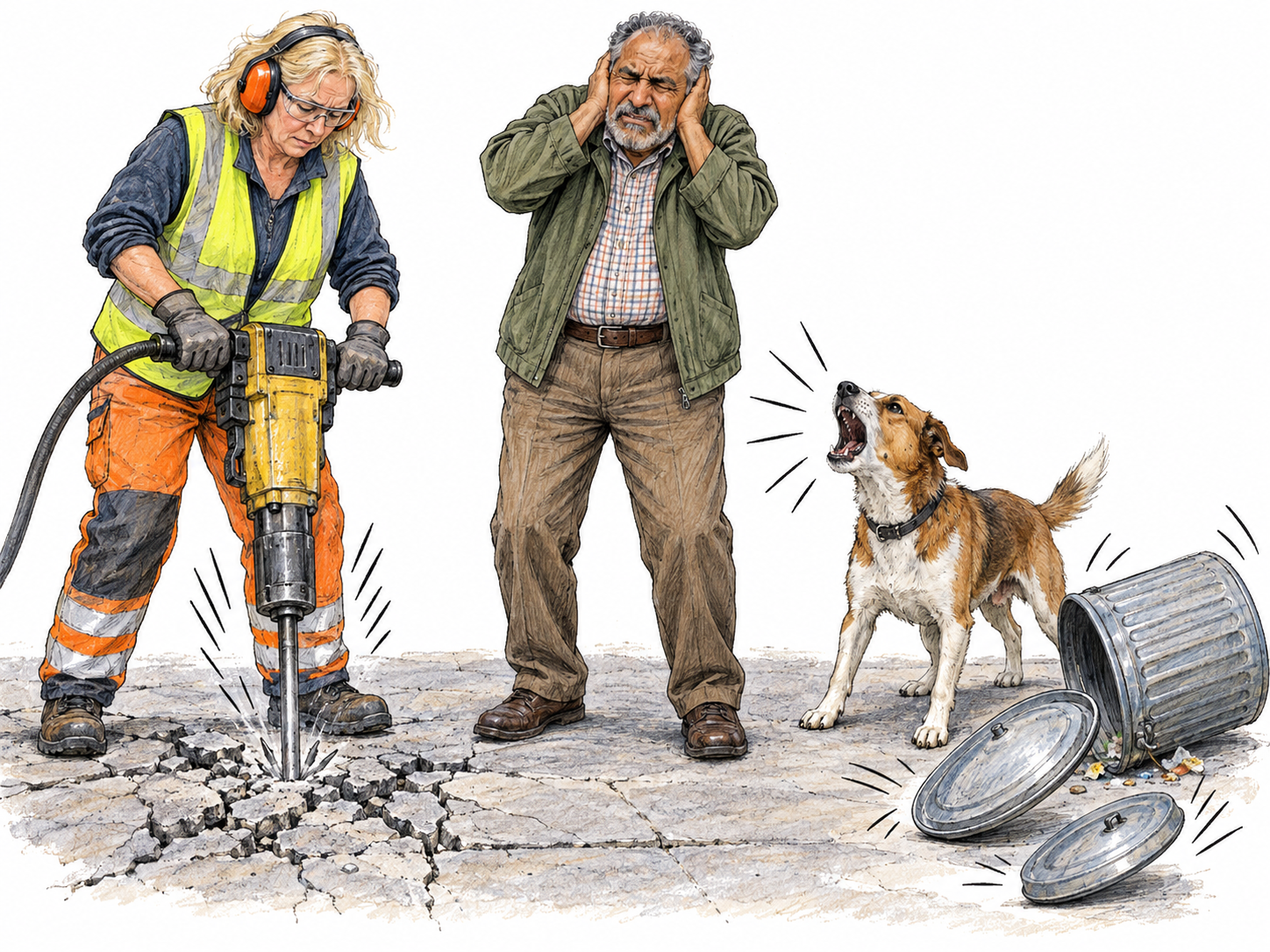 An older man clamps his hands over his ears and winces amid simultaneous, visibly active noise sources: a pneumatic drill breaking pavement, a barking dog, and a rattling metal refuse bin spilling clanging lids.
