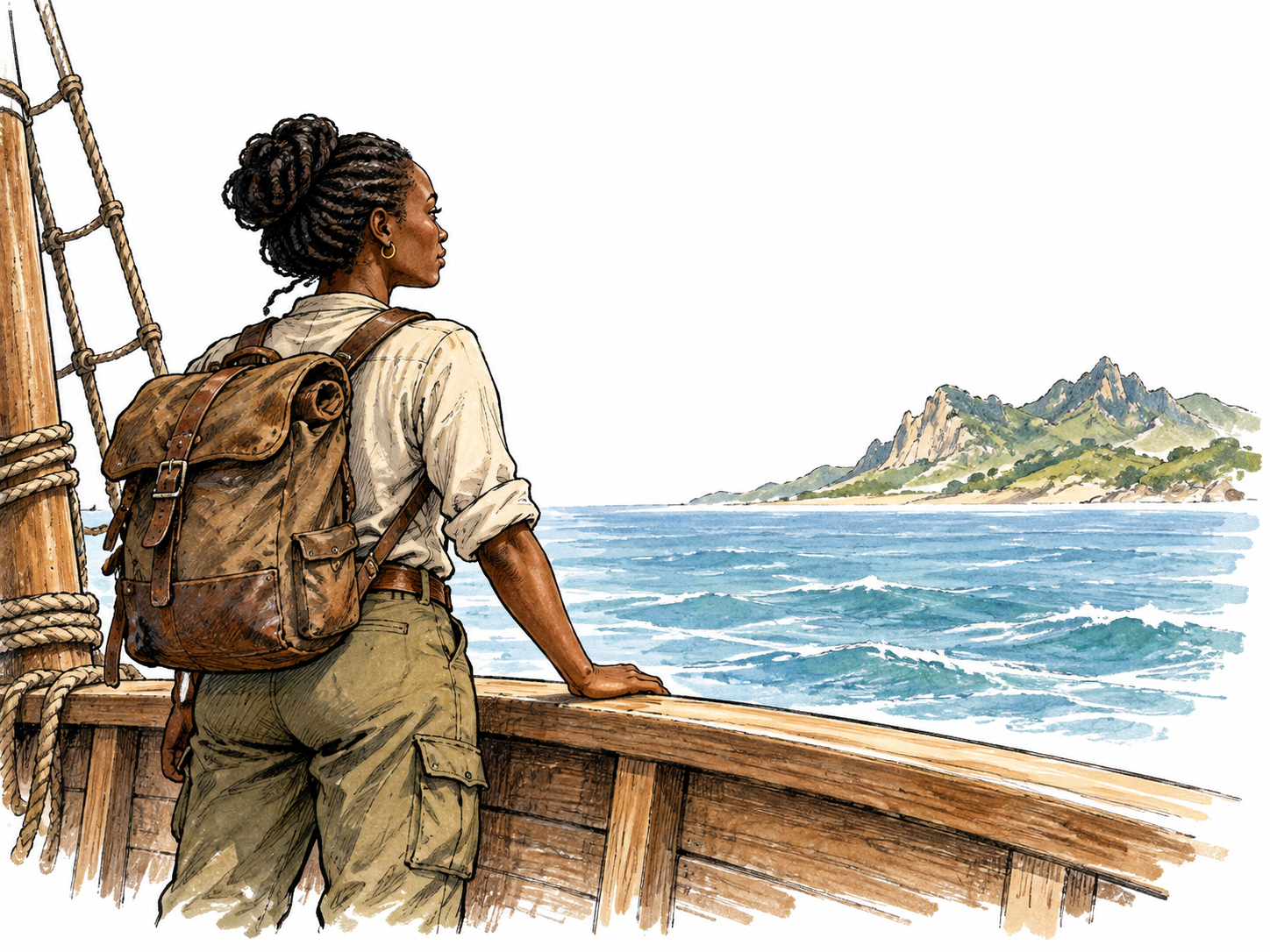 An adult voyager stands on ship deck looking toward a distant unfamiliar coast, travel bag and practical clothing, individual long-journey role.