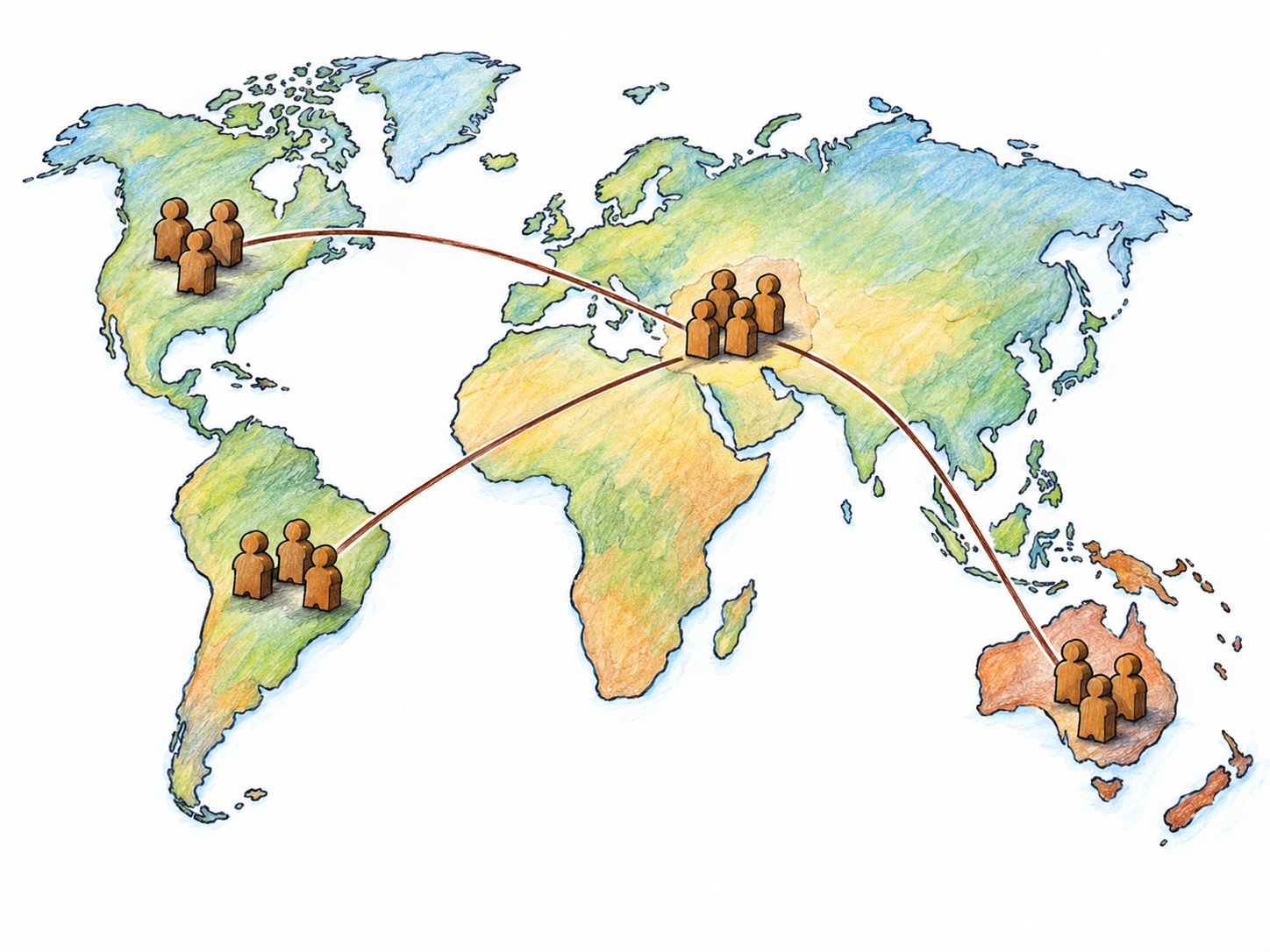 A simplified tabletop map shows a population dispersed across distant regions: matching human-shaped wooden counters form several separated groups, with fine connecting lines tracing each group back to one small homeland region.