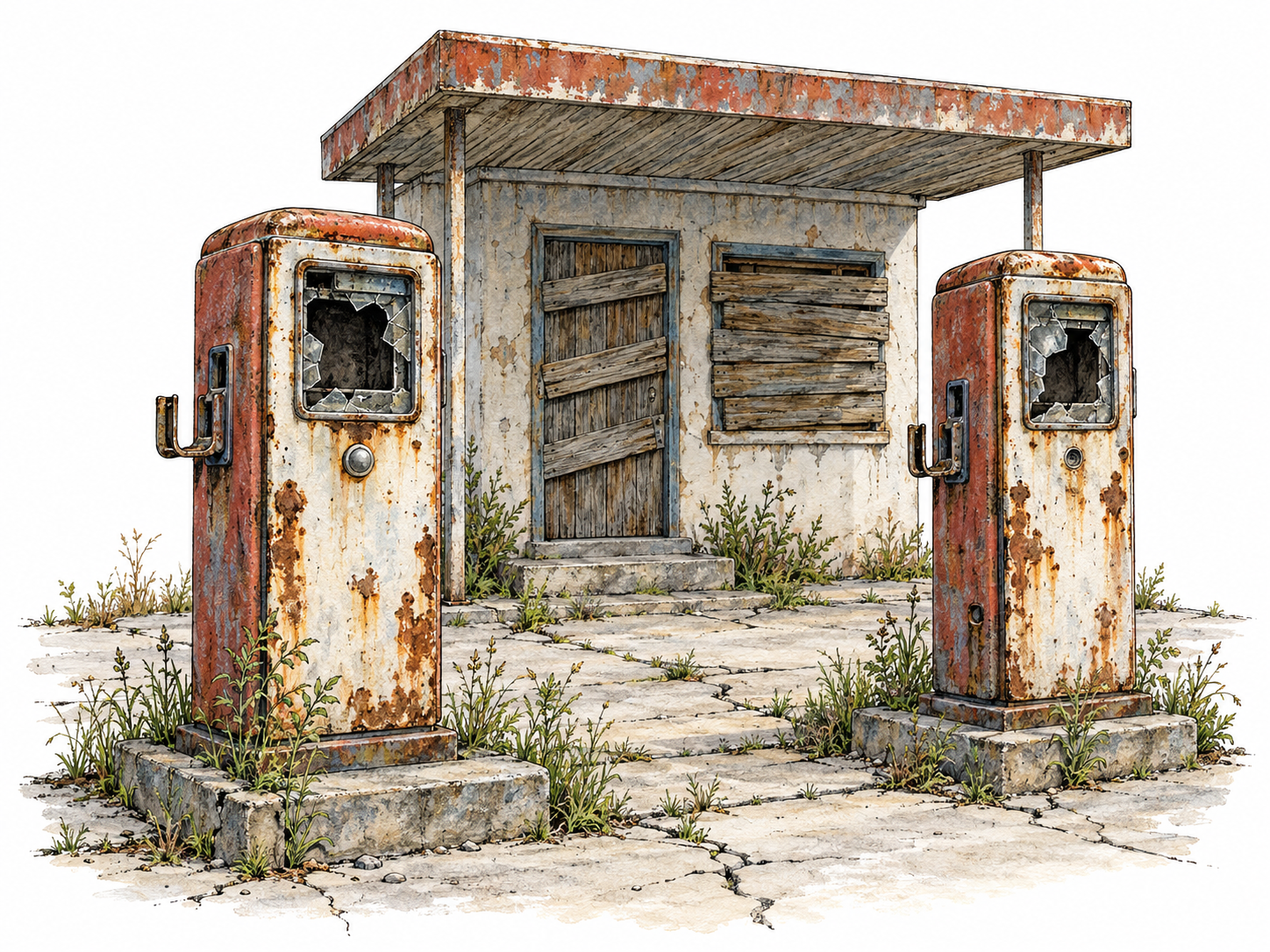 A permanently abandoned roadside fuel station: two obsolete pumps with missing hoses stand before a boarded-up kiosk, with weeds breaking through the cracked forecourt.