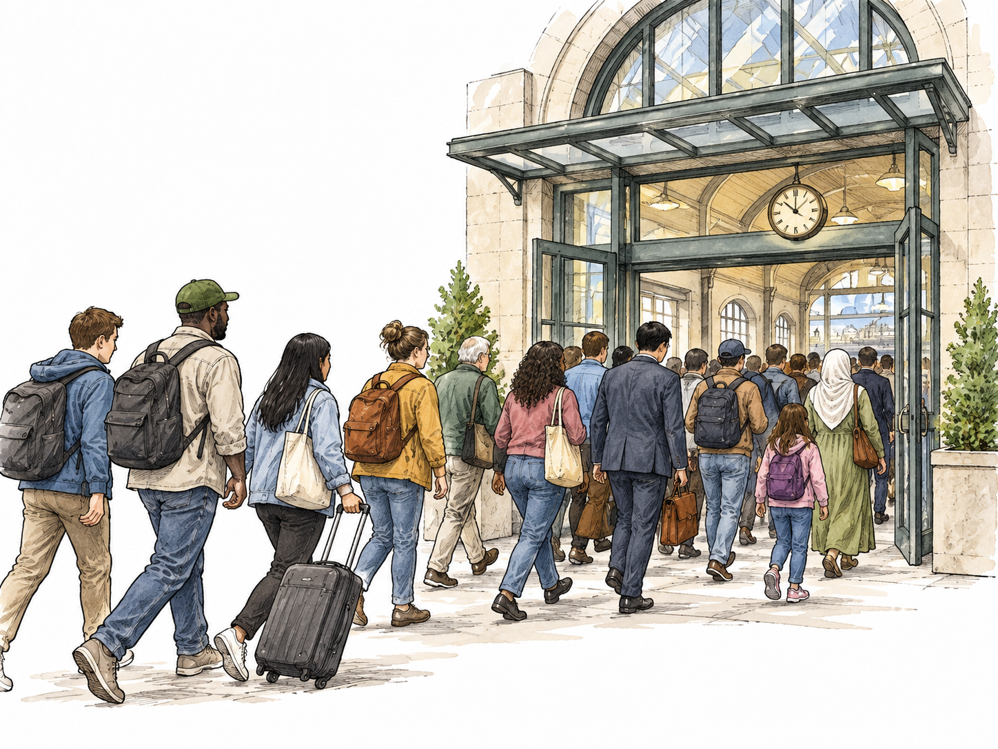 A diverse crowd arrives through a station entrance in a steady flow.
