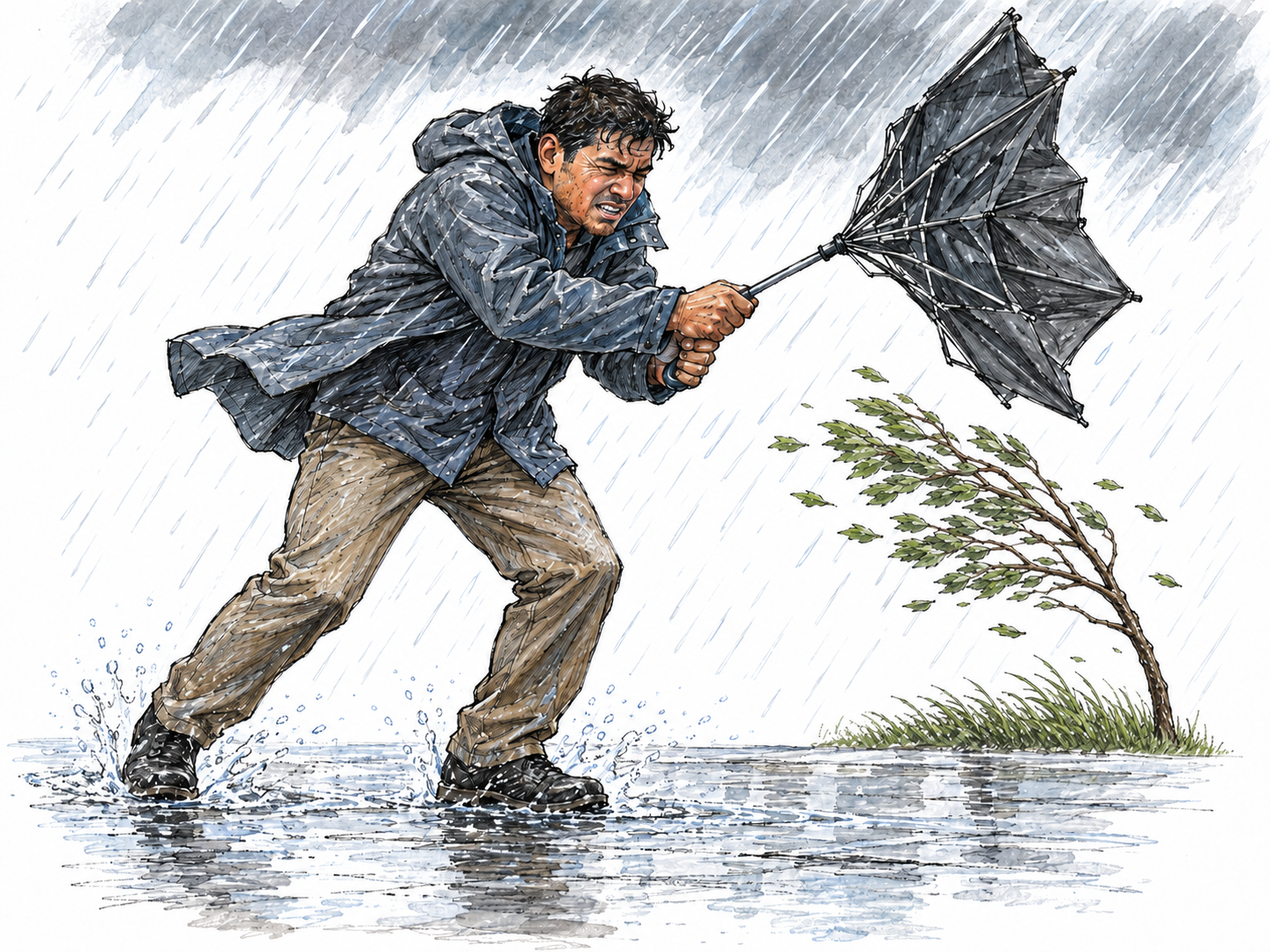 A young man struggles through driving rain and strong wind with an inside-out umbrella; a nearby sapling bends in the same wind.