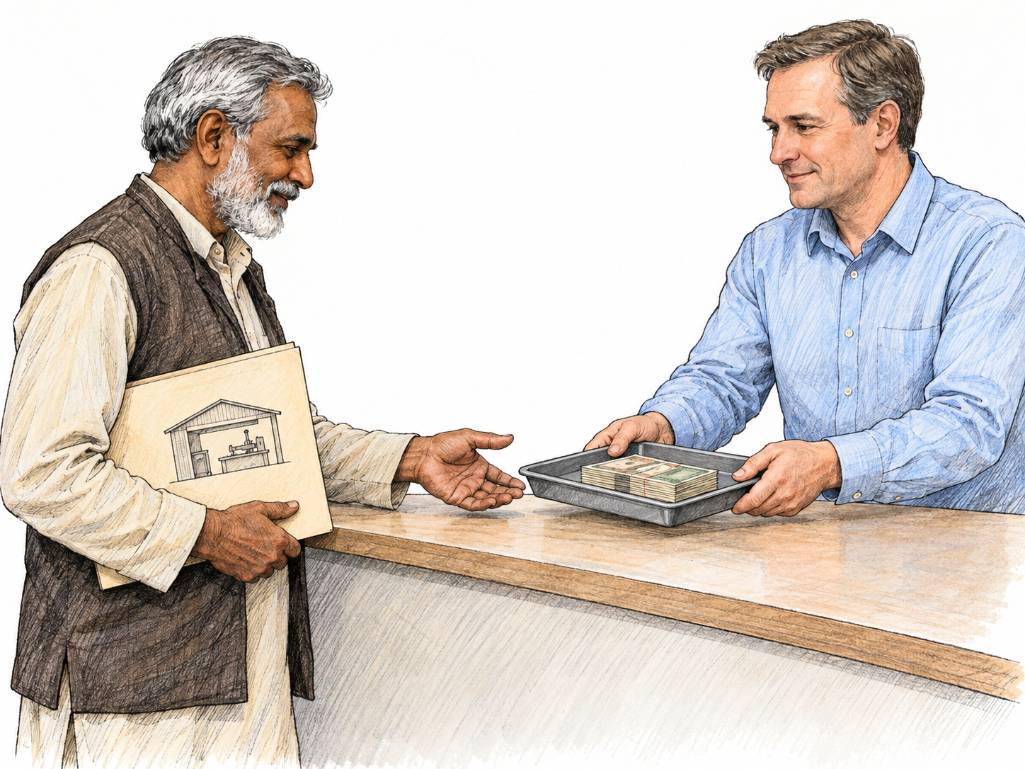 At a simple public-service counter, an organization representative provides financial assistance to a small-business owner, who holds a plain folder with a simple drawing of his workshop.
