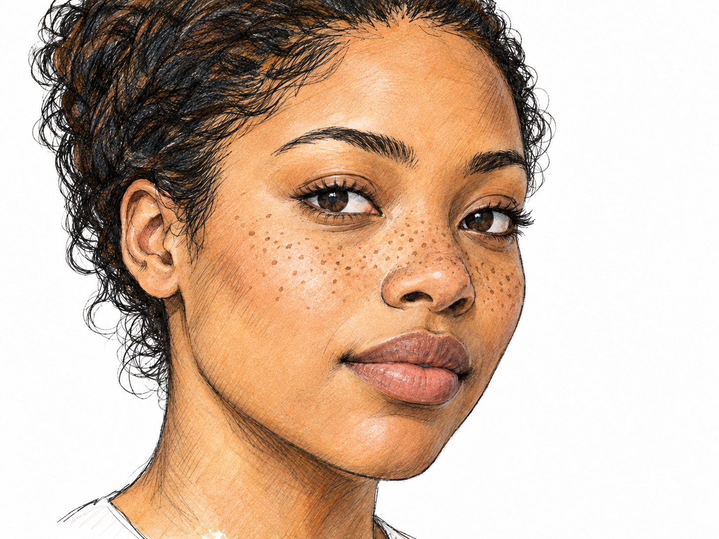 A close portrait of a young Black woman with clearly visible small, flat brown freckles across her nose and upper cheeks.