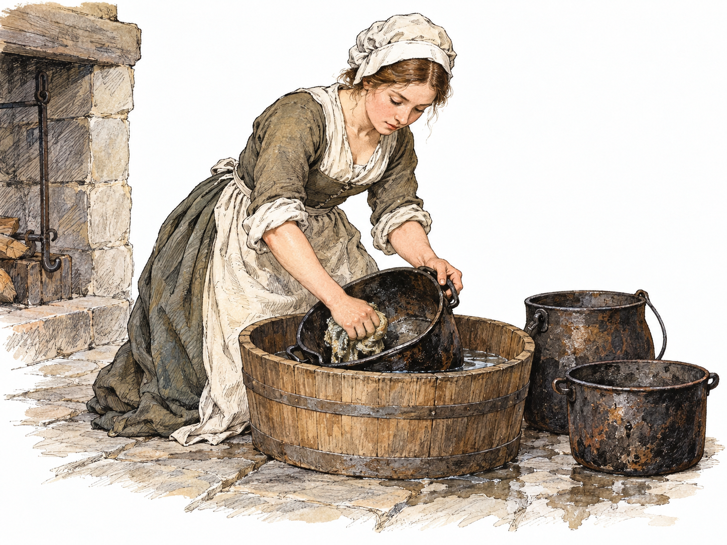 A young kitchen servant in a modest eighteenth-century English household kitchen kneels beside a wooden tub, scrubbing a large soot-blackened cooking pot, with two dirty pots awaiting cleaning.