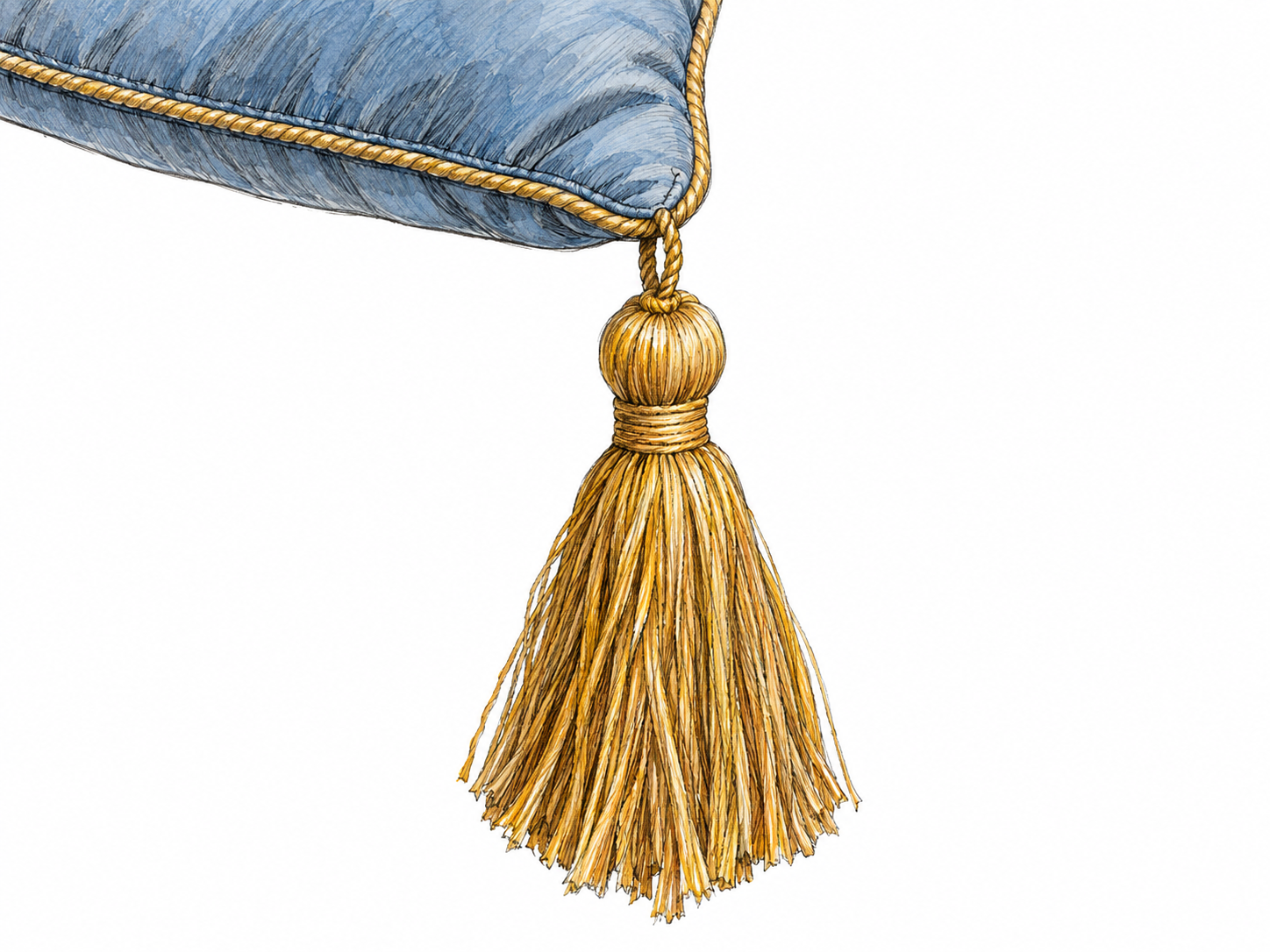 Close-up of a decorative golden thread tassel hanging from the corner of a blue cushion, with its wrapped head and loose thread skirt clearly visible.